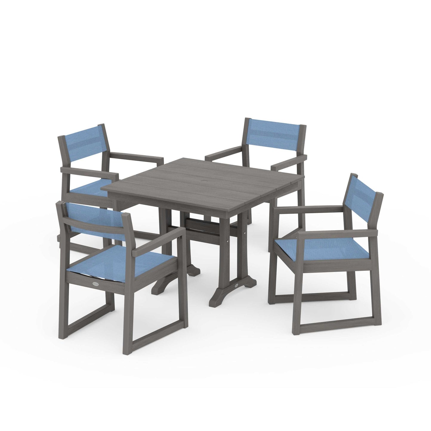 POLYWOOD EDGE Sling 5-Piece Farmhouse Dining Set with Trestle Legs — Driftwood / Poolside Sling