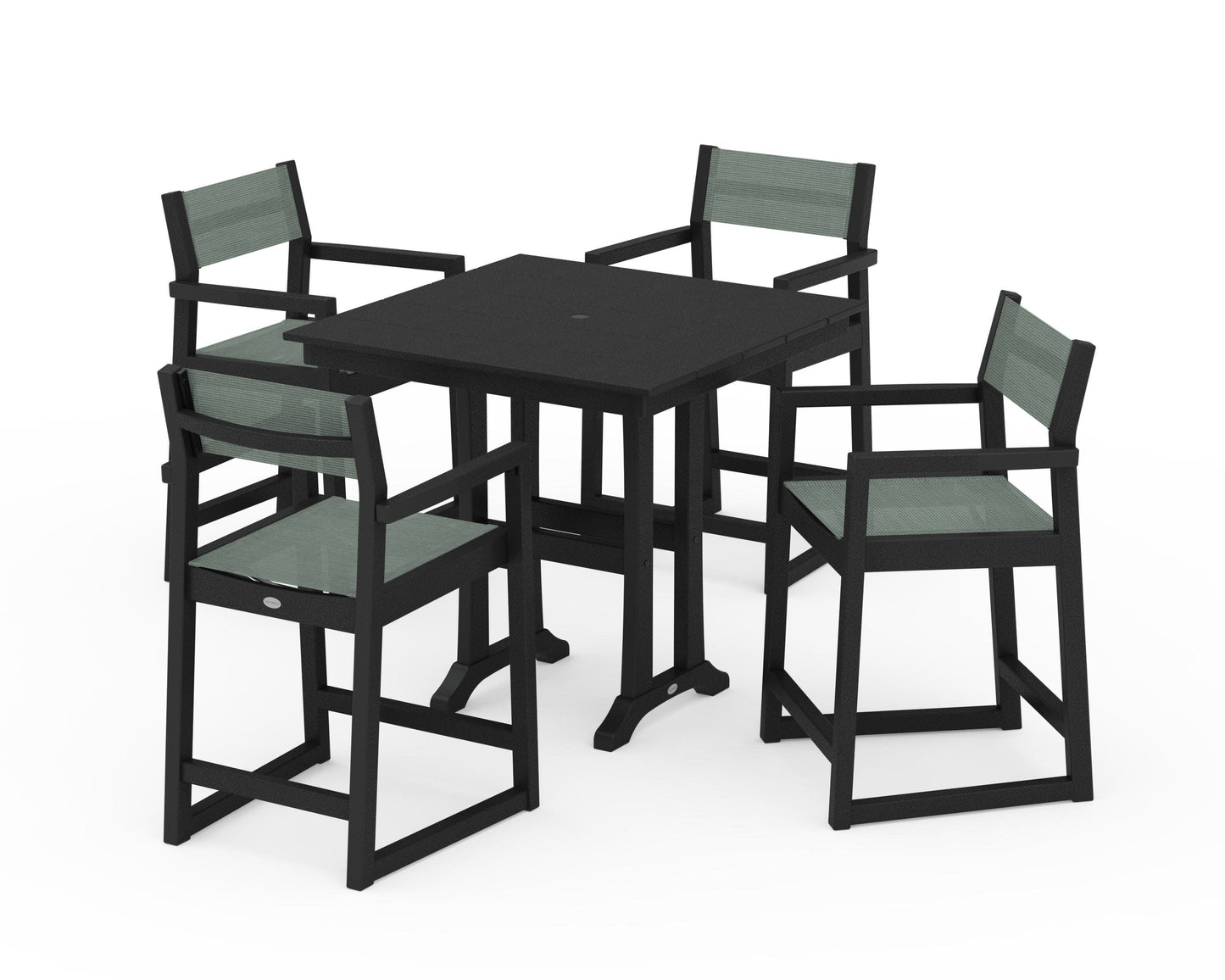 POLYWOOD EDGE Sling Arm Chair 5-Piece Farmhouse Counter Set with Trestle Legs — Black / Dupioni Sea Mist Sling