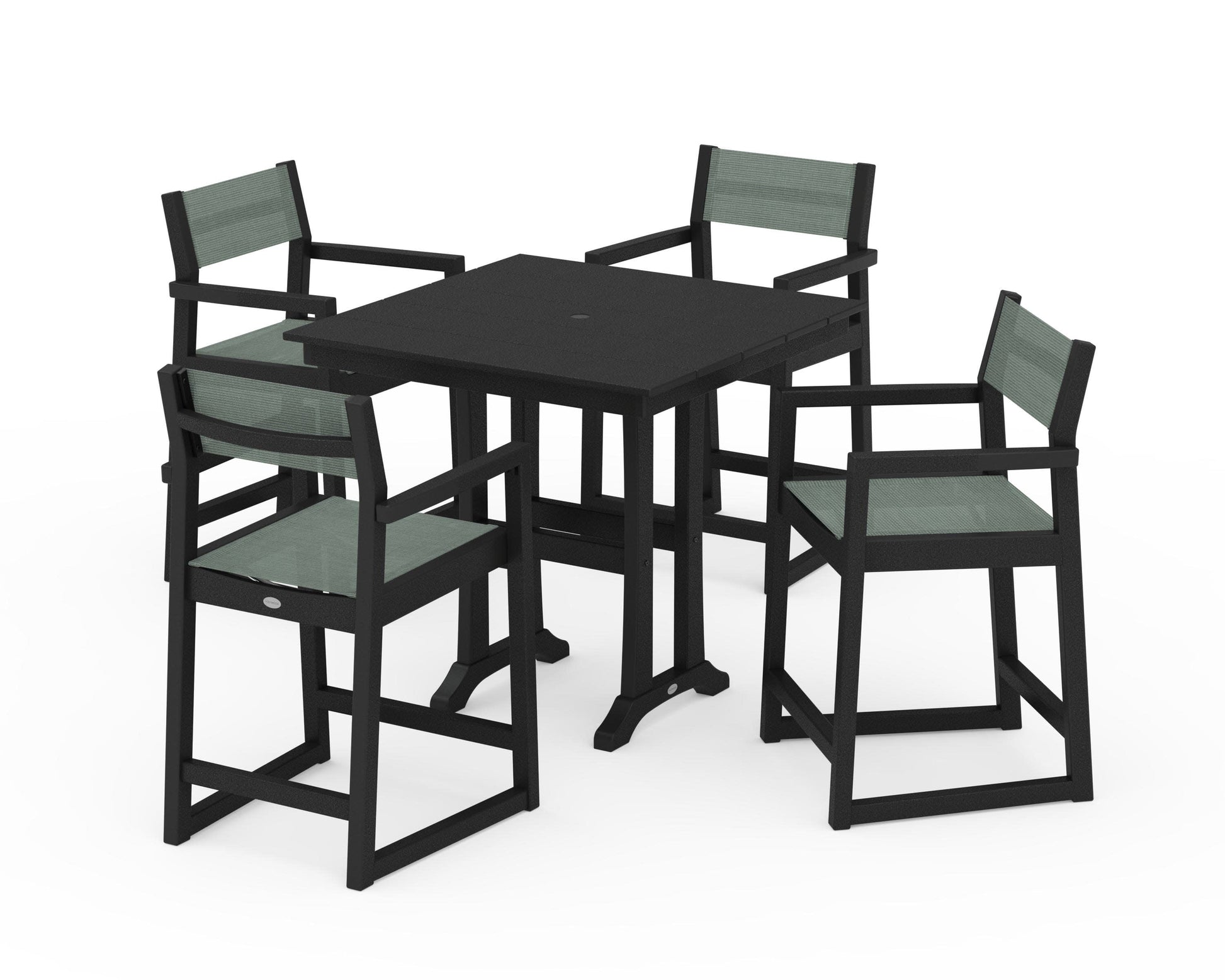 POLYWOOD EDGE Sling Arm Chair 5-Piece Farmhouse Counter Set with Trestle Legs — Black / Dupioni Sea Mist Sling