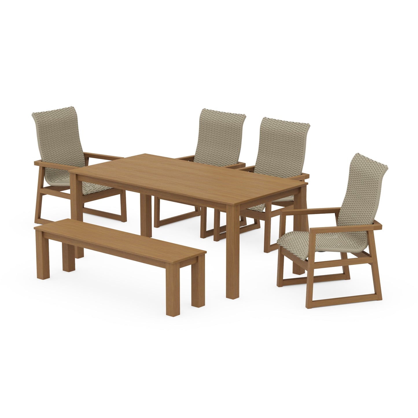 POLYWOOD EDGE Woven Highback 6-Piece Parsons Dining Set with Bench — Natural / Dune Grass