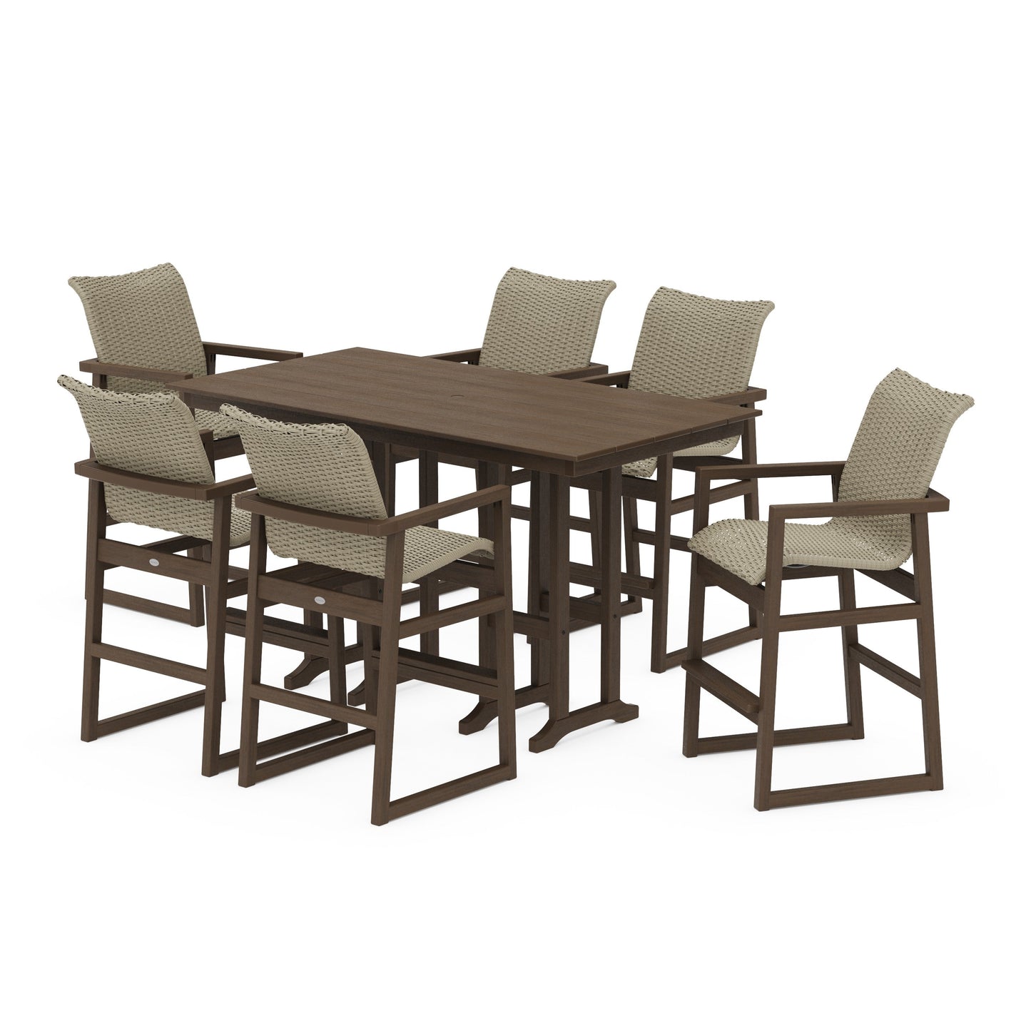 POLYWOOD EDGE Woven Arm Chair 7-Piece Farmhouse Bar Set — Kona / Dune Grass