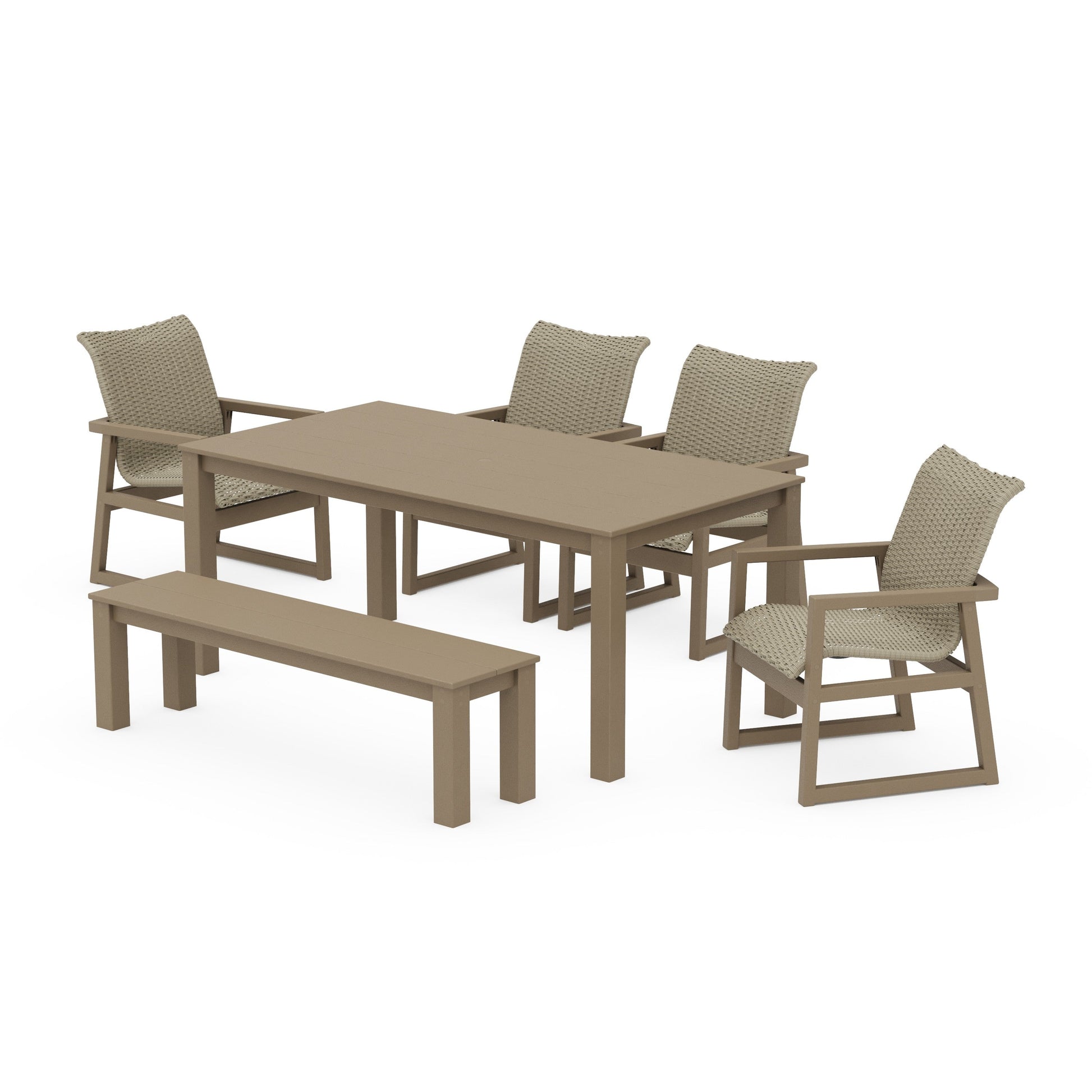 POLYWOOD EDGE Woven 6-Piece Parsons Dining Set with Bench — Vintage Sahara / Dune Grass