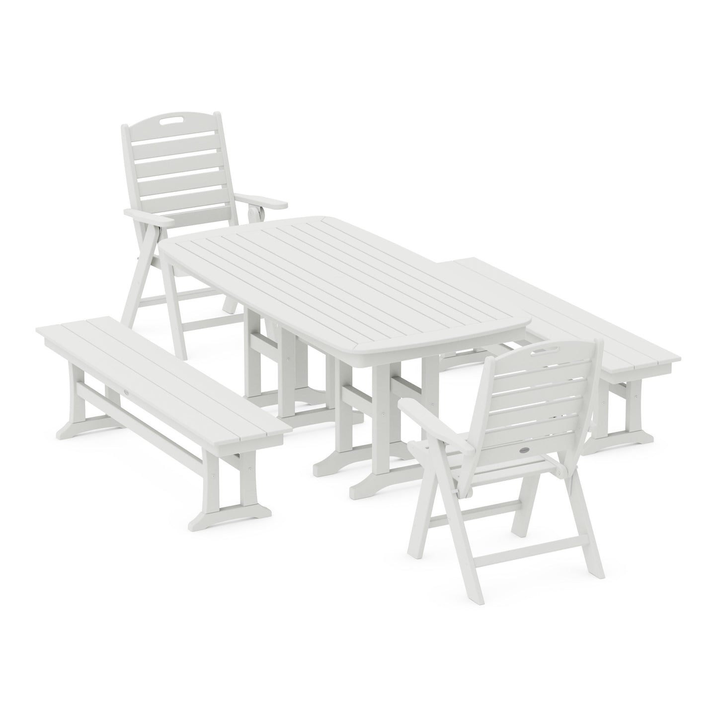 POLYWOOD Nautical Highback 5-Piece Dining Set with Benches — Vintage White