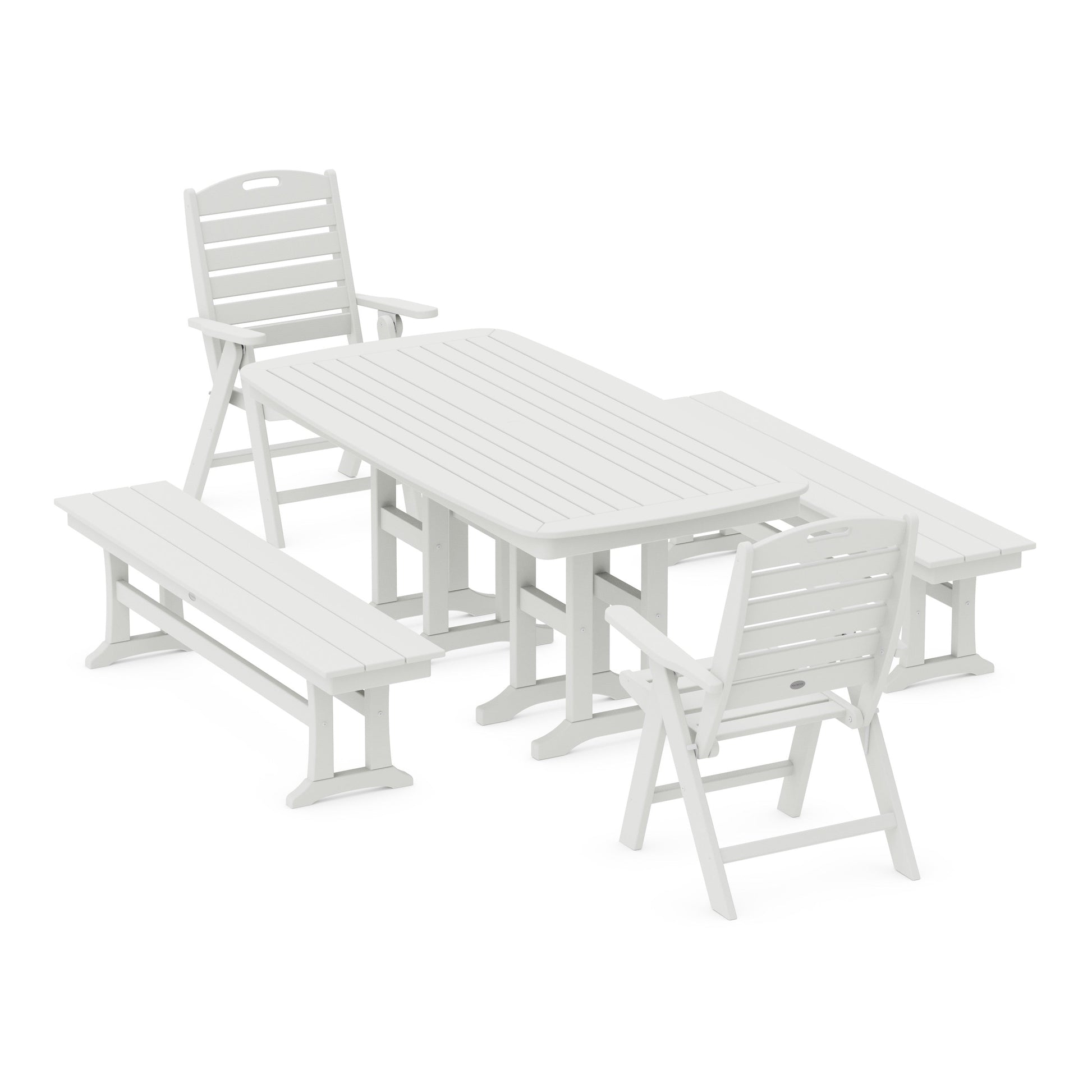 POLYWOOD Nautical Highback 5-Piece Dining Set with Benches — Vintage White