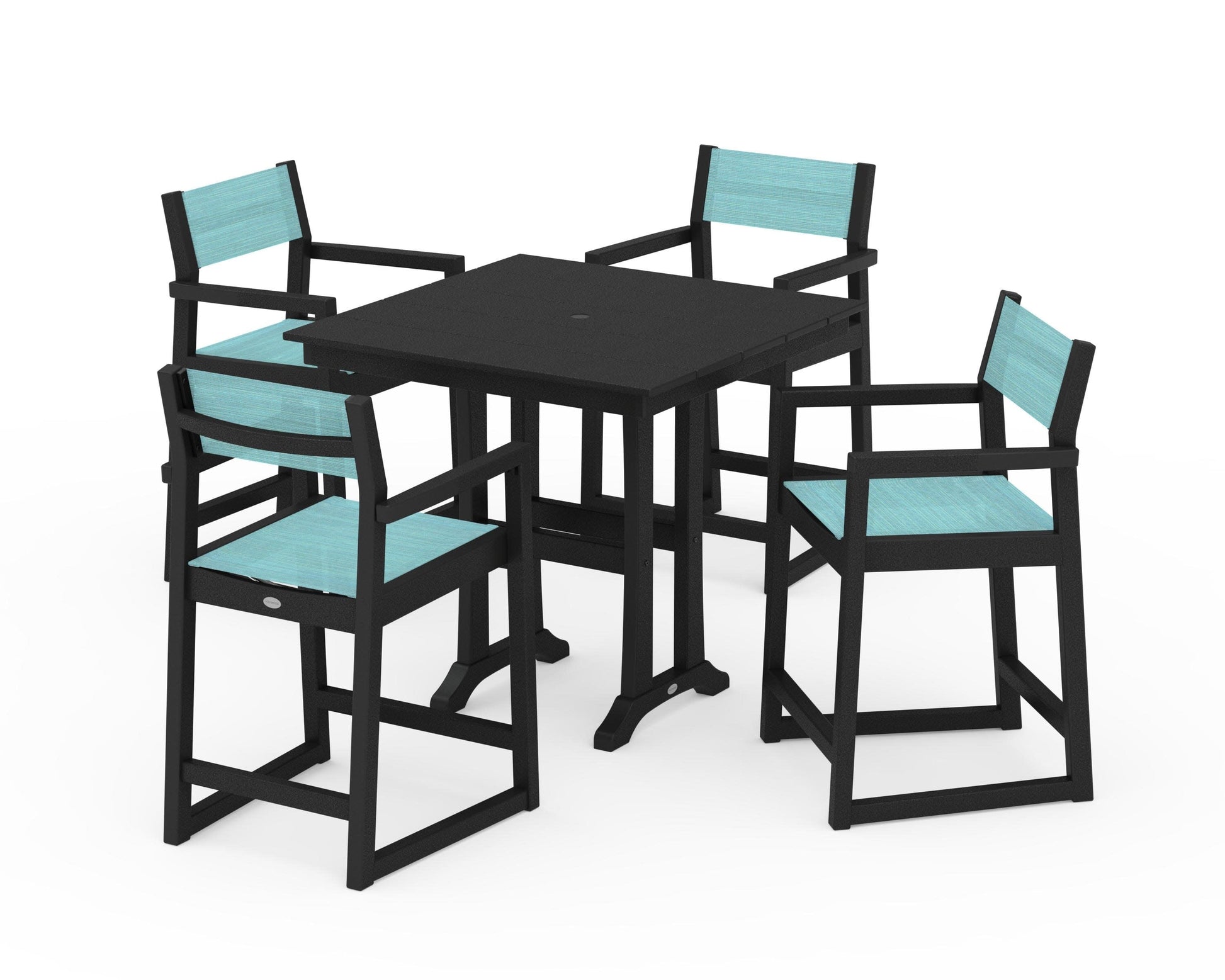 POLYWOOD EDGE Sling Arm Chair 5-Piece Farmhouse Counter Set with Trestle Legs — Black / Dupioni Aquamarine Sling