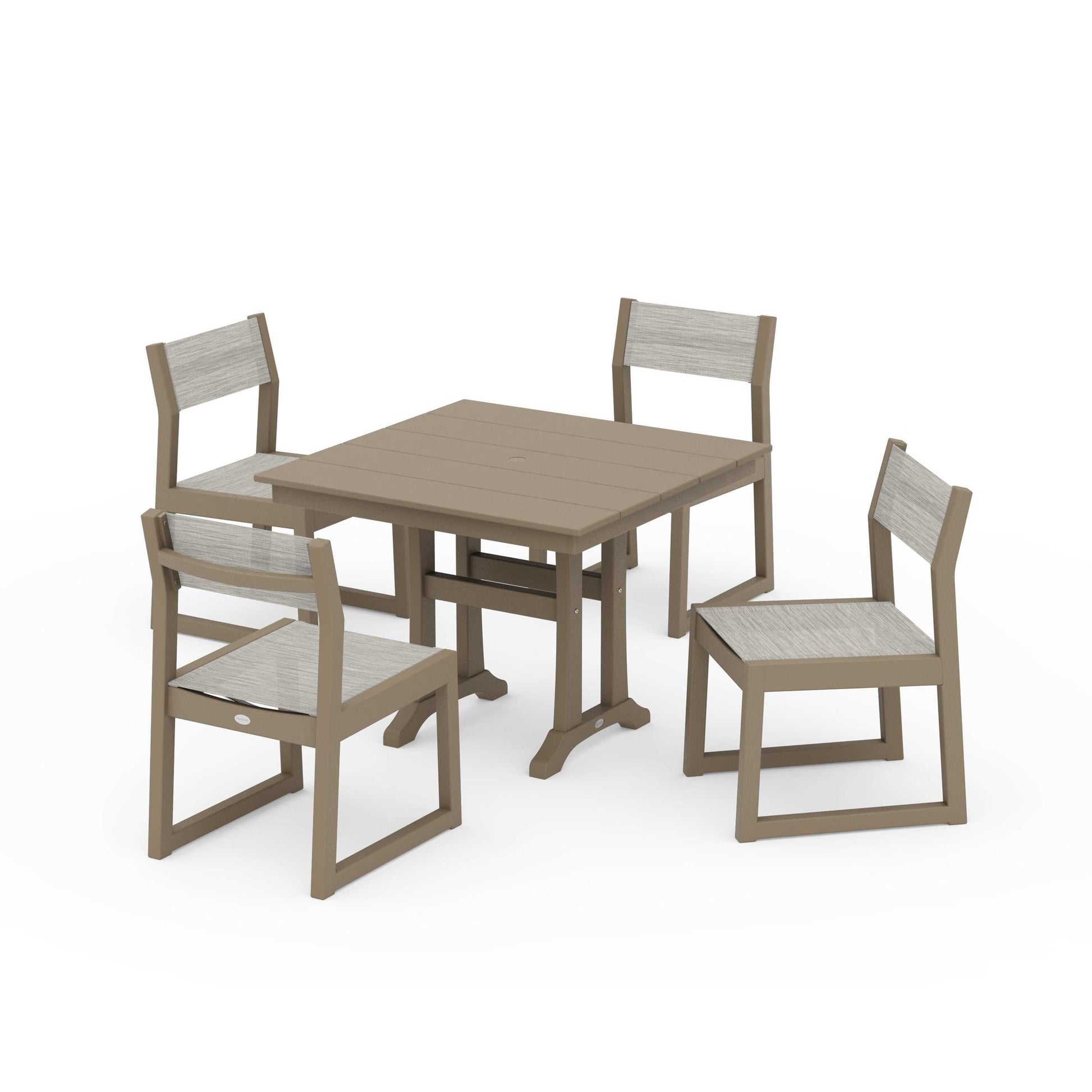 POLYWOOD EDGE Sling 5-Piece Farmhouse Trestle Side Chair Dining Set — Vintage Sahara / Birch Sling