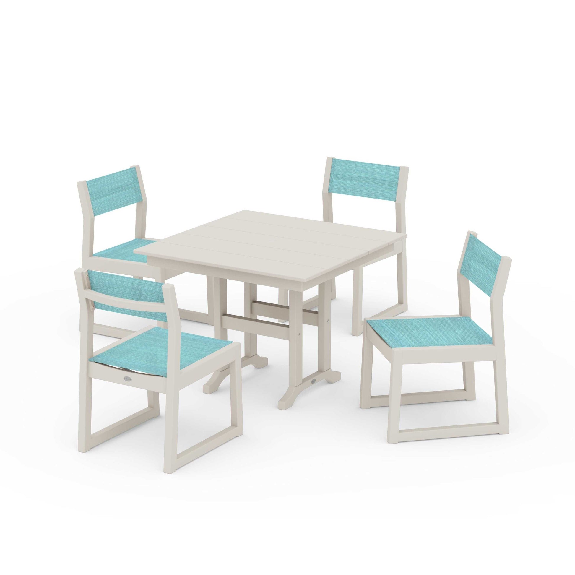 POLYWOOD EDGE Sling Side Chair 5-Piece Farmhouse Dining Set — Sand / Dupioni Aquamarine Sling