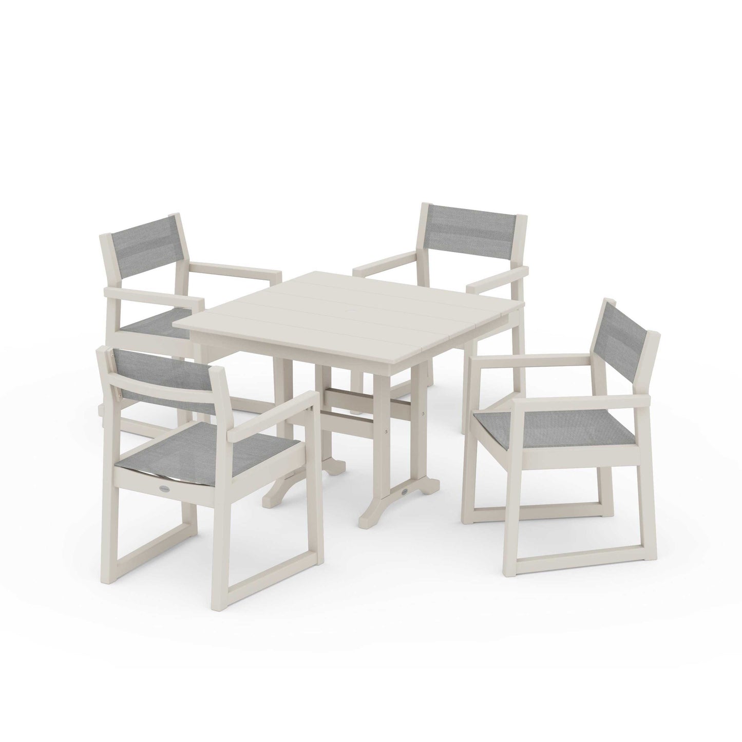 POLYWOOD EDGE Sling Arm Chair 5-Piece Farmhouse Dining Set — Sand / Metallic Sling