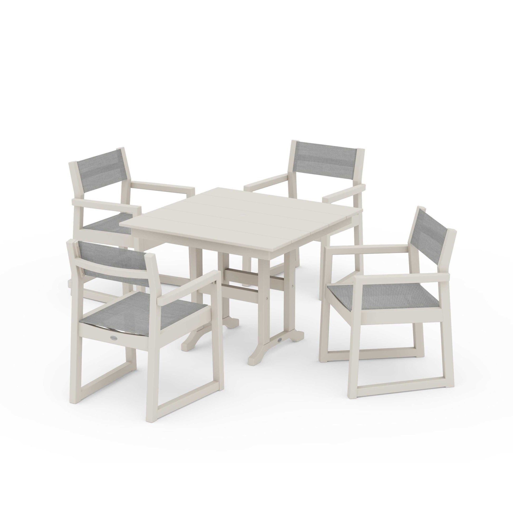 POLYWOOD EDGE Sling Arm Chair 5-Piece Farmhouse Dining Set — Sand / Metallic Sling