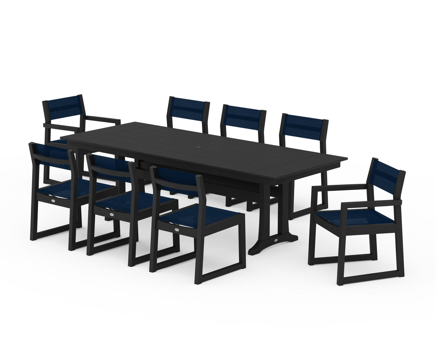 POLYWOOD EDGE Sling 9-Piece Farmhouse Trestle Dining Set — Black / Navy Blue Sling