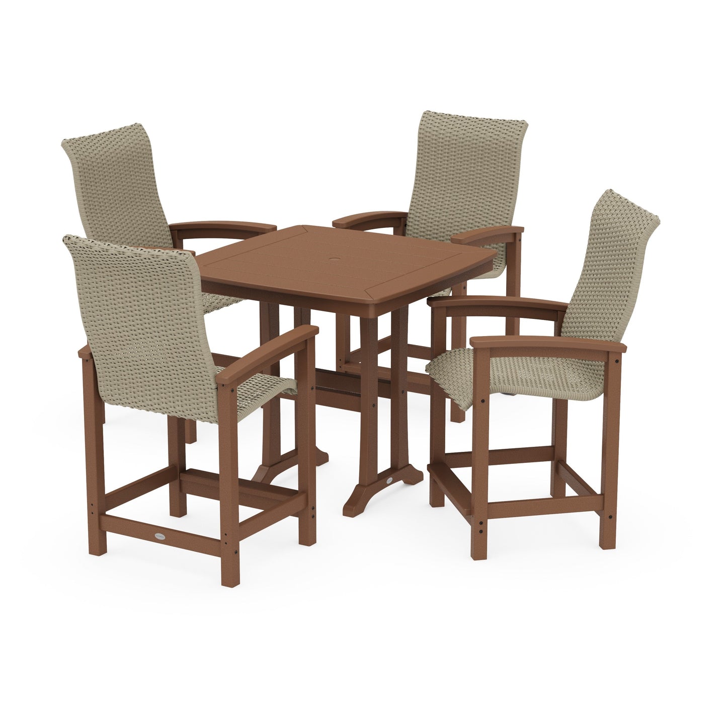 POLYWOOD Coastal Woven High-Back 5-Piece Counter Set with Trestle Legs — Teak / Dune Grass