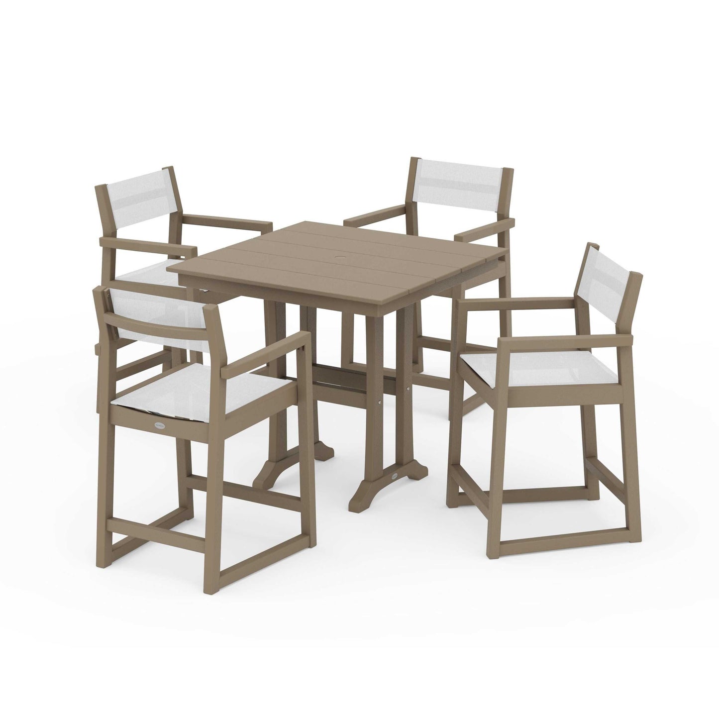 POLYWOOD EDGE Sling Arm Chair 5-Piece Farmhouse Counter Set with Trestle Legs — Vintage Sahara / White Sling