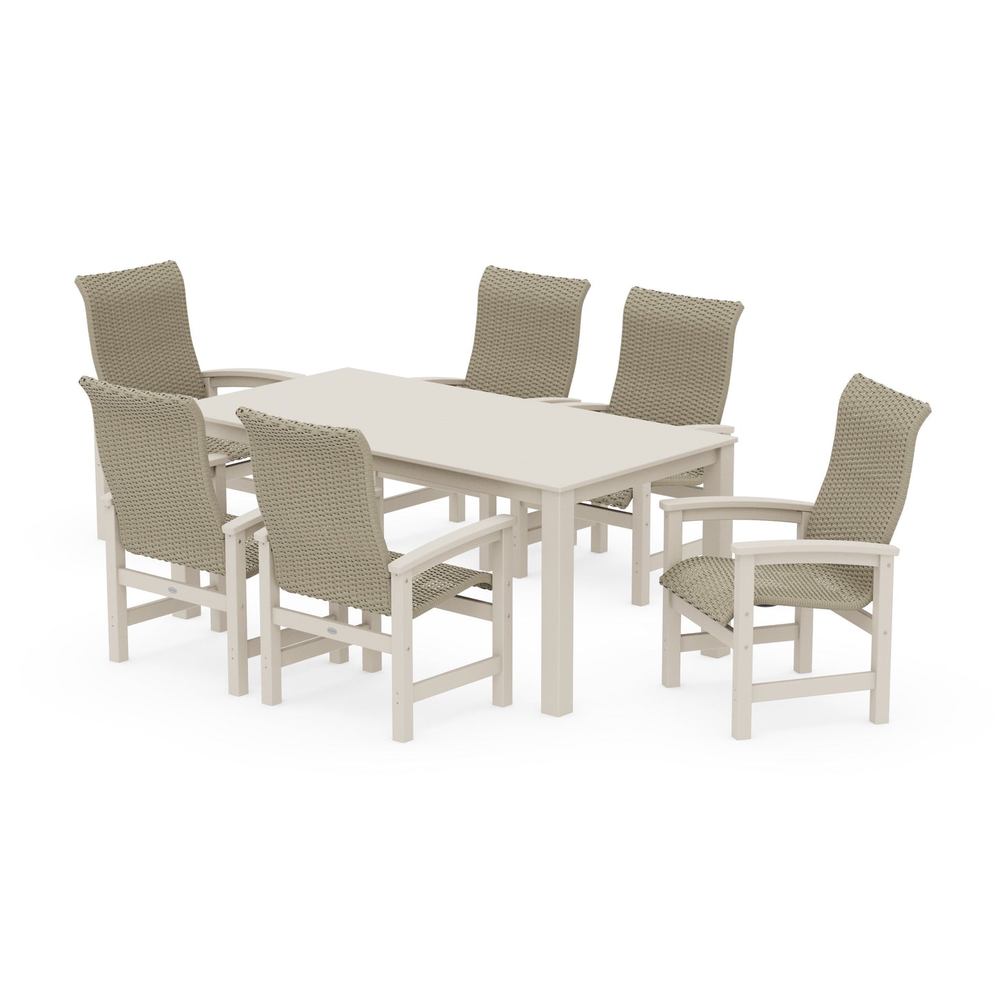 POLYWOOD Coastal Woven High-Back Arm Chair 7-Piece Parsons Dining Set — Sand / Dune Grass