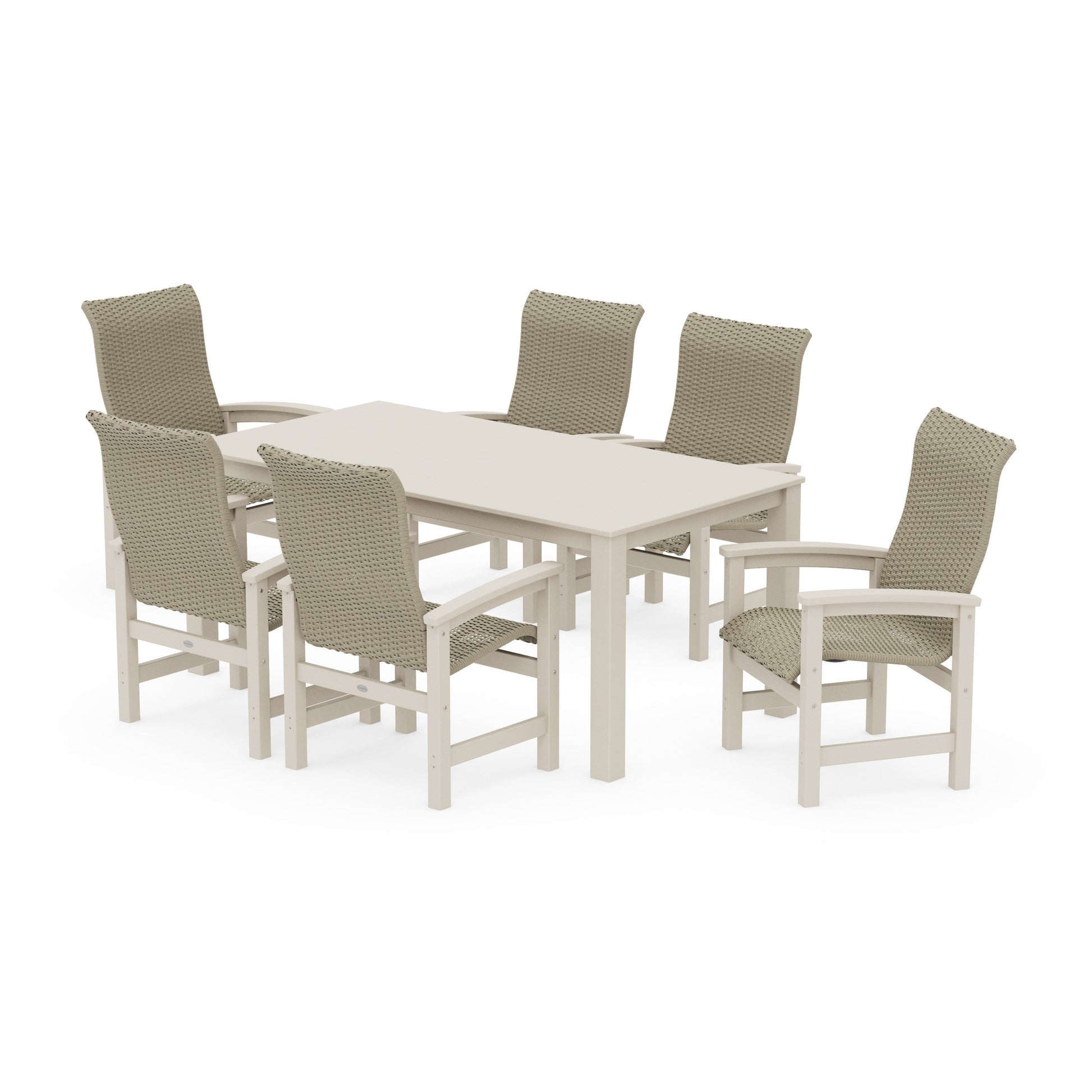 POLYWOOD Coastal Woven High-Back Arm Chair 7-Piece Parsons Dining Set — Sand / Dune Grass