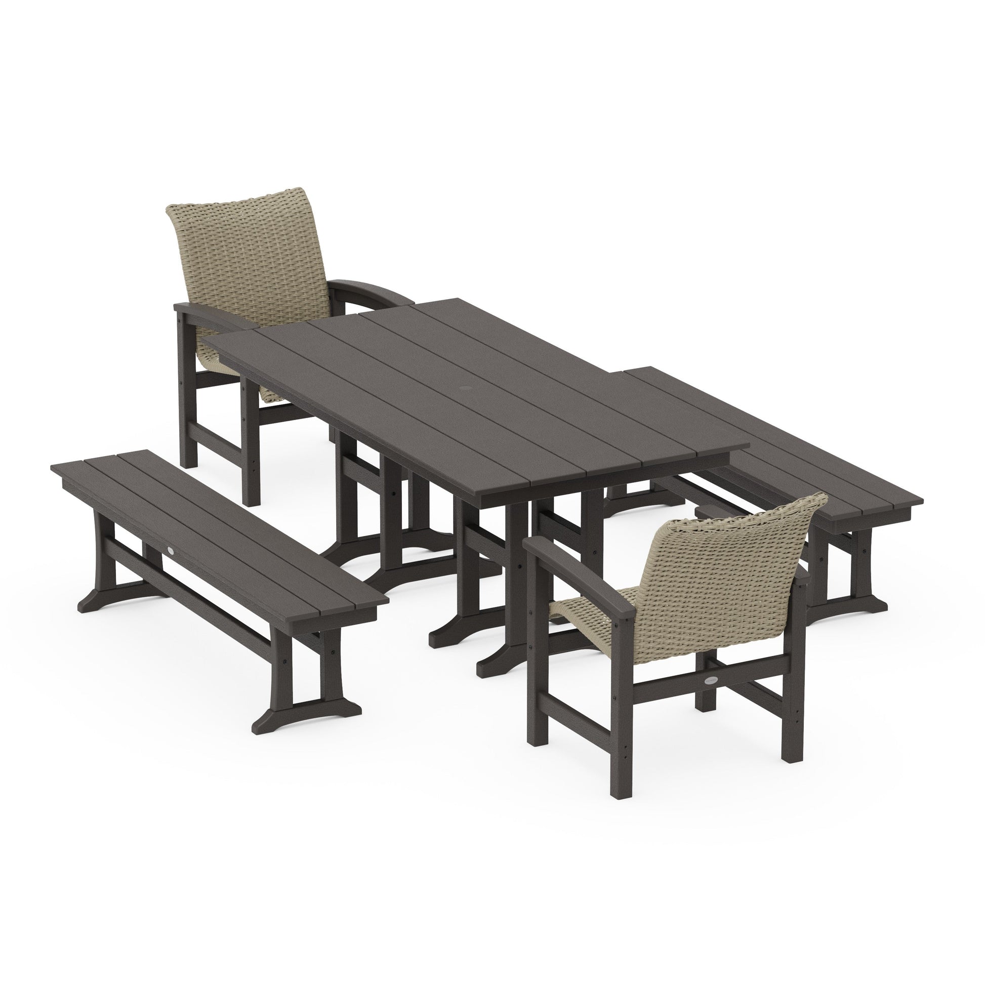 POLYWOOD Coastal Woven 5-Piece Farmhouse Dining Set with Benches — Vintage Coffee / Dune Grass