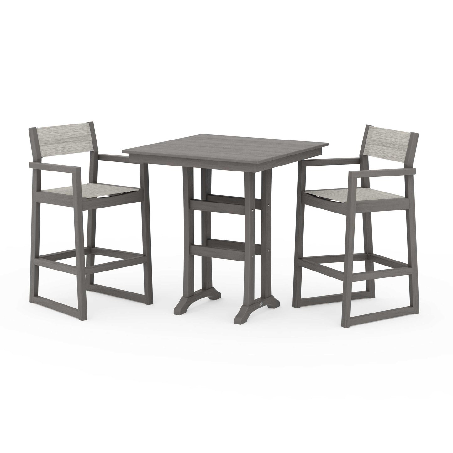 POLYWOOD EDGE Sling Arm Chair 3-Piece Farmhouse Bar Set with Trestle Legs — Driftwood / Birch Sling