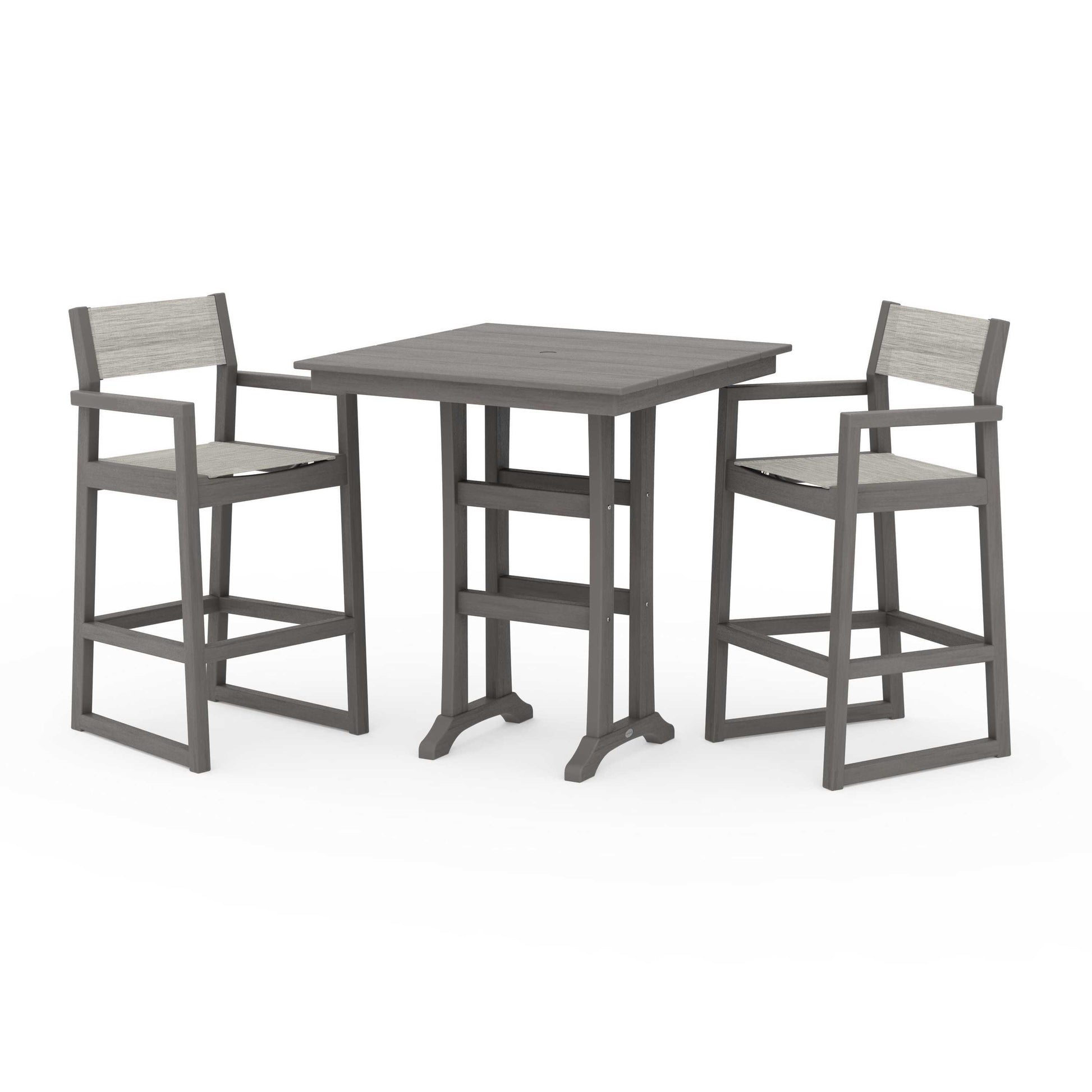 POLYWOOD EDGE Sling Arm Chair 3-Piece Farmhouse Bar Set with Trestle Legs — Driftwood / Birch Sling