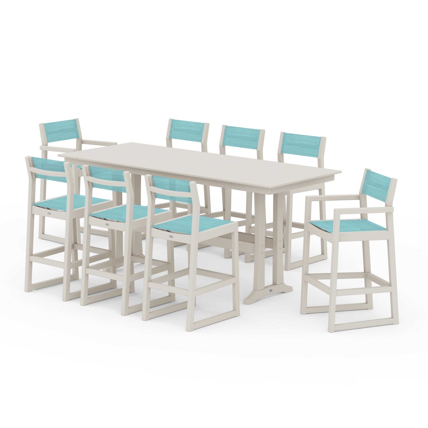POLYWOOD EDGE Sling 9-Piece Farmhouse Bar Set with Trestle Legs — Sand / Dupioni Aquamarine Sling