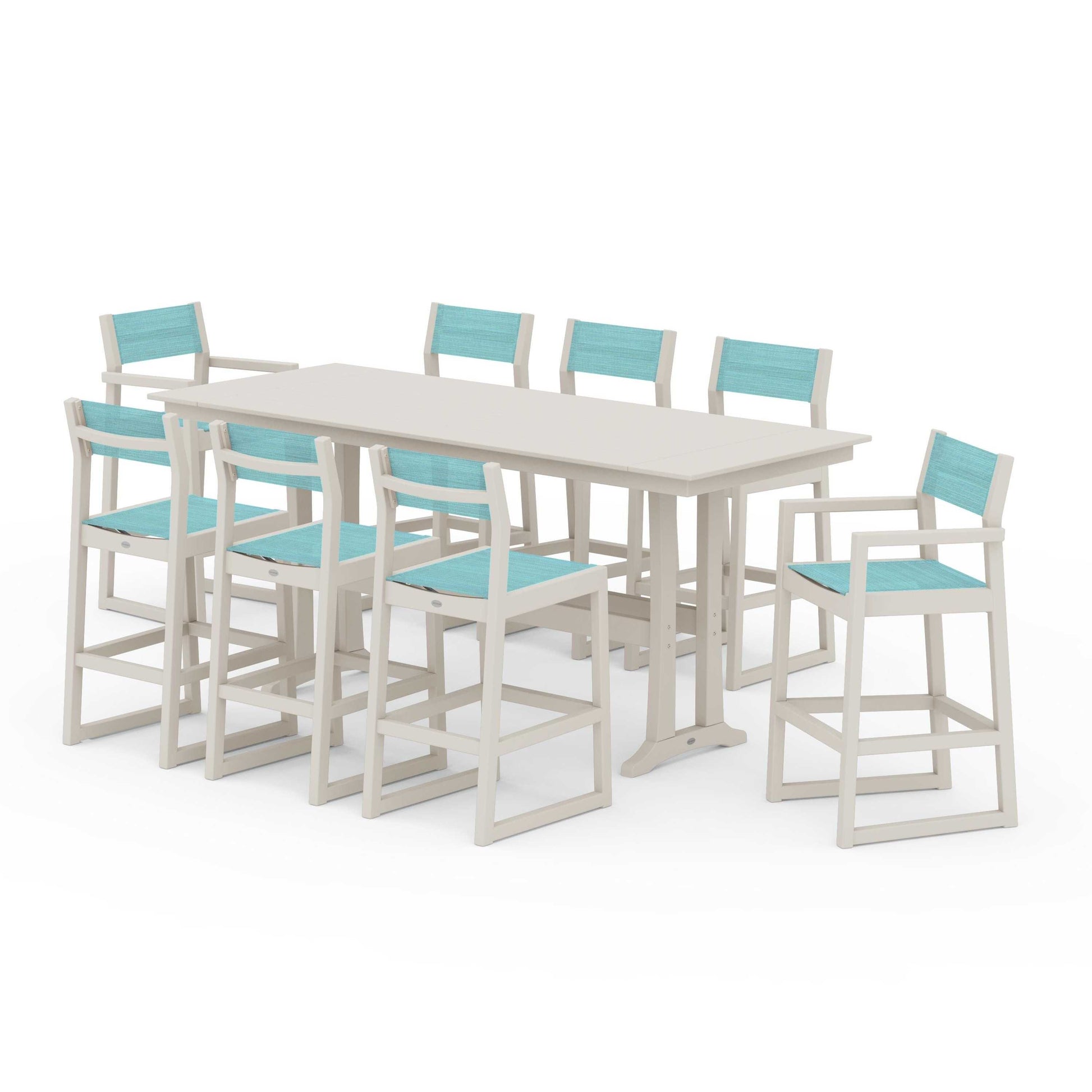 POLYWOOD EDGE Sling 9-Piece Farmhouse Bar Set with Trestle Legs — Sand / Dupioni Aquamarine Sling