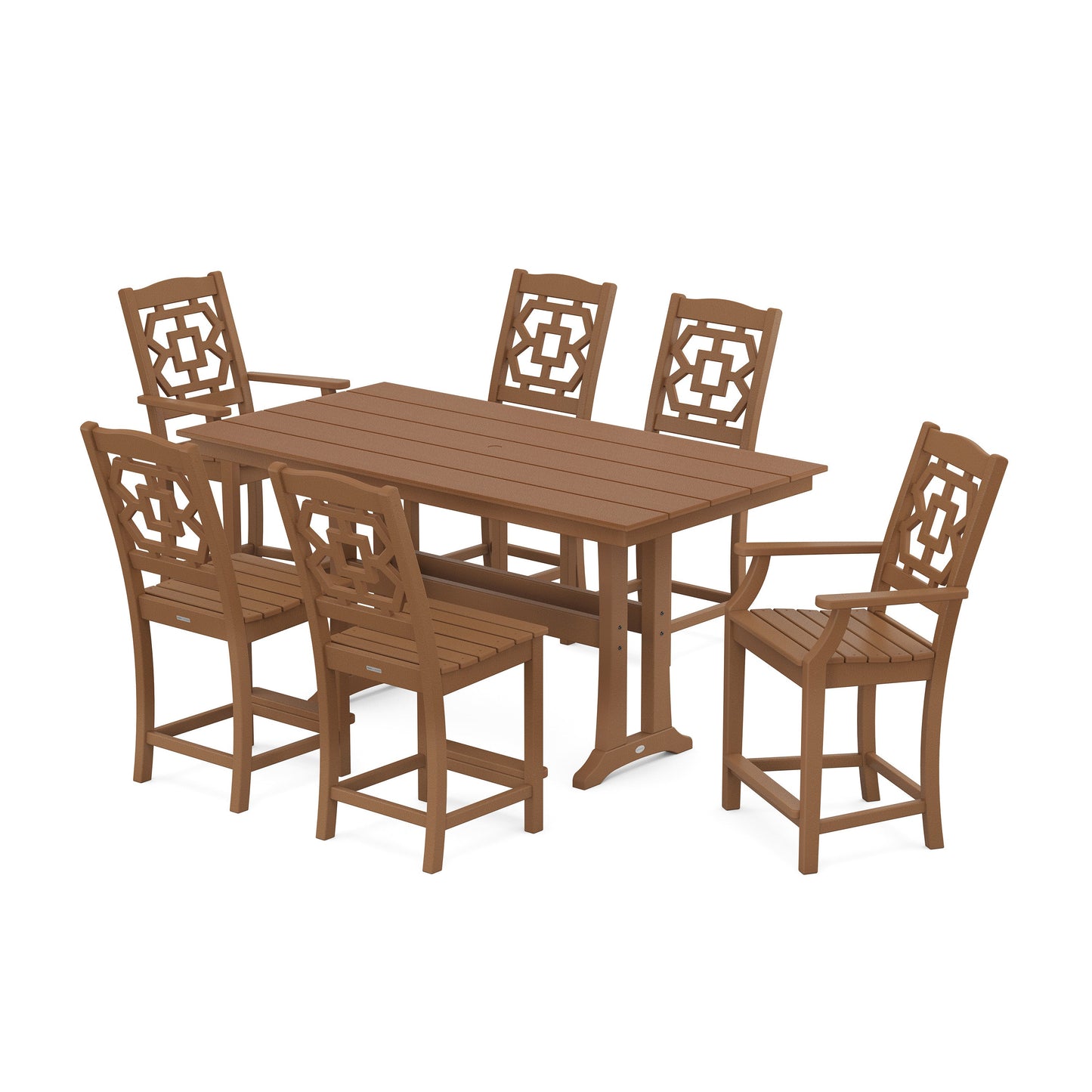 POLYWOOD Chinoiserie 7-Piece Farmhouse Counter Set with Trestle Legs — Teak