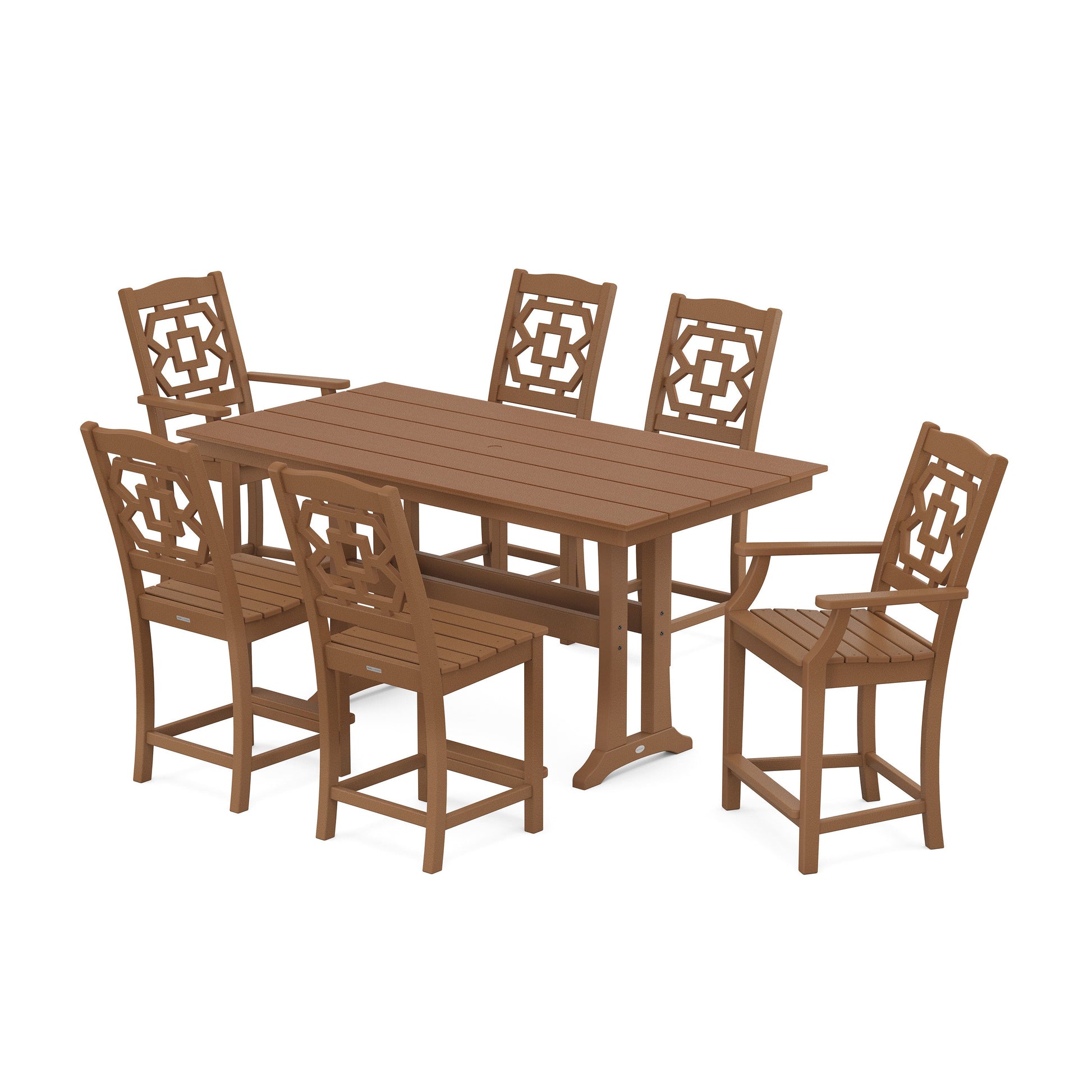 POLYWOOD Chinoiserie 7-Piece Farmhouse Counter Set with Trestle Legs — Teak