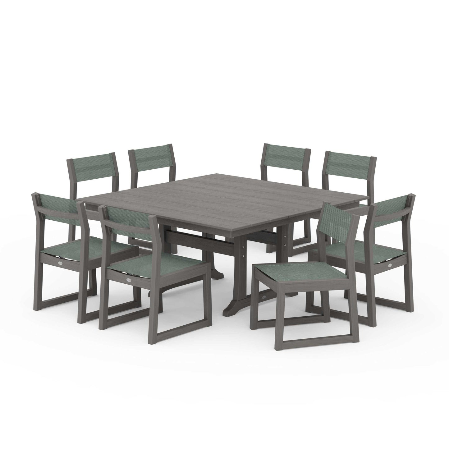 POLYWOOD EDGE Sling Side Chair 9-Piece Farmhouse Trestle Dining Set — Driftwood / Dupioni Sea Mist Sling
