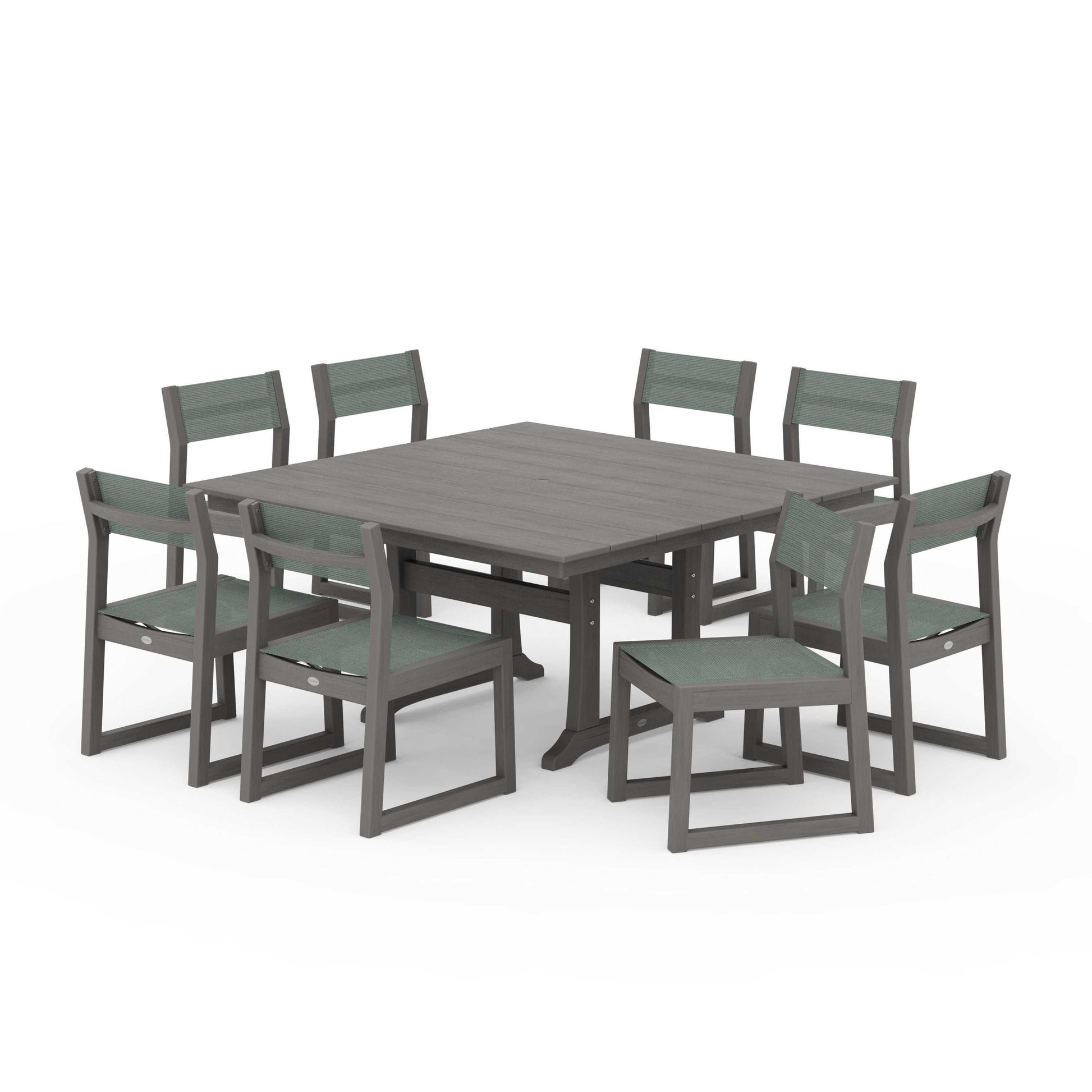 POLYWOOD EDGE Sling Side Chair 9-Piece Farmhouse Trestle Dining Set — Driftwood / Dupioni Sea Mist Sling