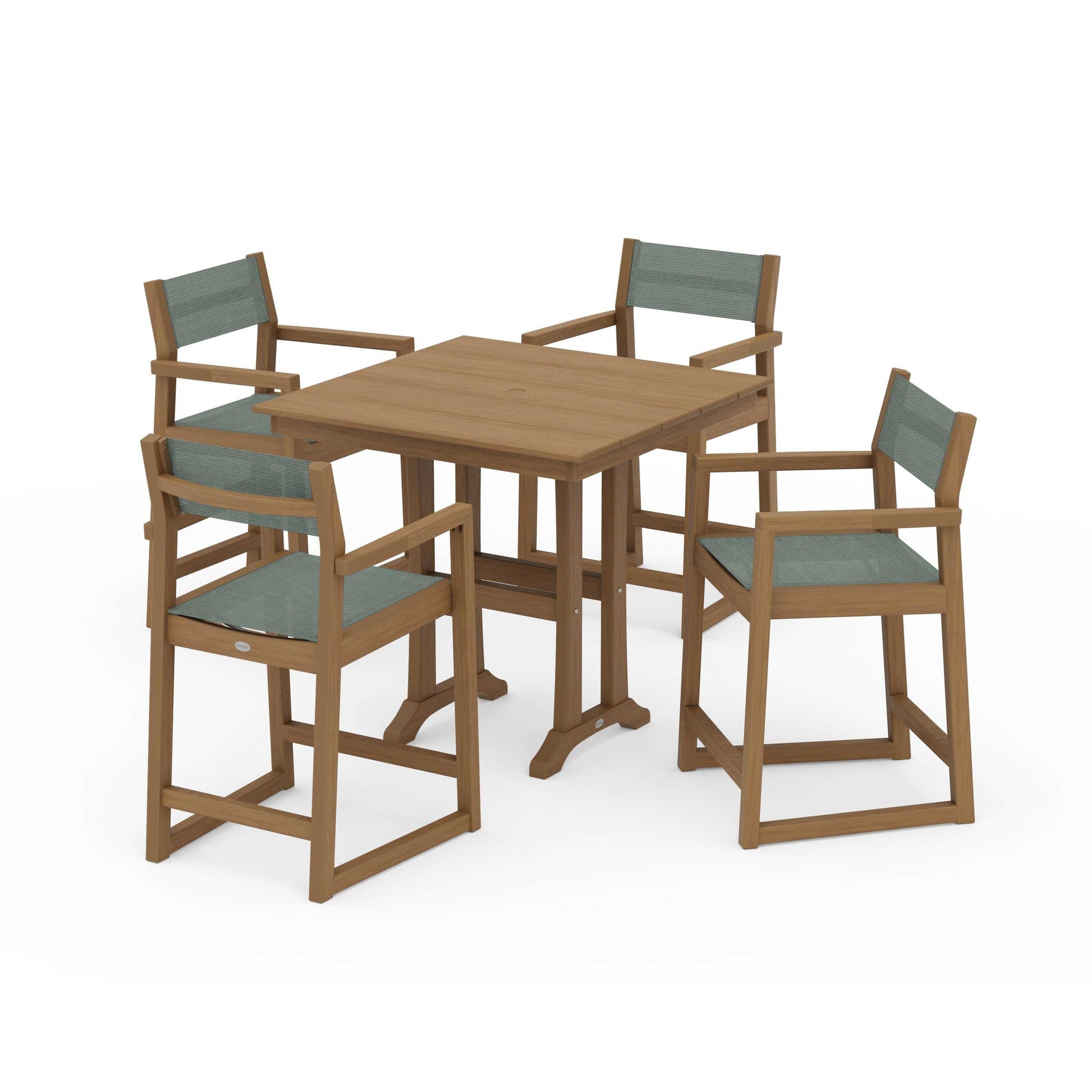 POLYWOOD EDGE Sling Arm Chair 5-Piece Farmhouse Counter Set with Trestle Legs — Natural / Dupioni Sea Mist Sling