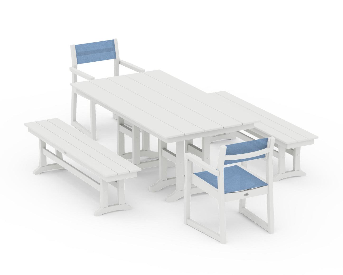 POLYWOOD EDGE Sling Arm Chair 5-Piece Farmhouse Dining Set with Benches — Vintage White / Poolside Sling