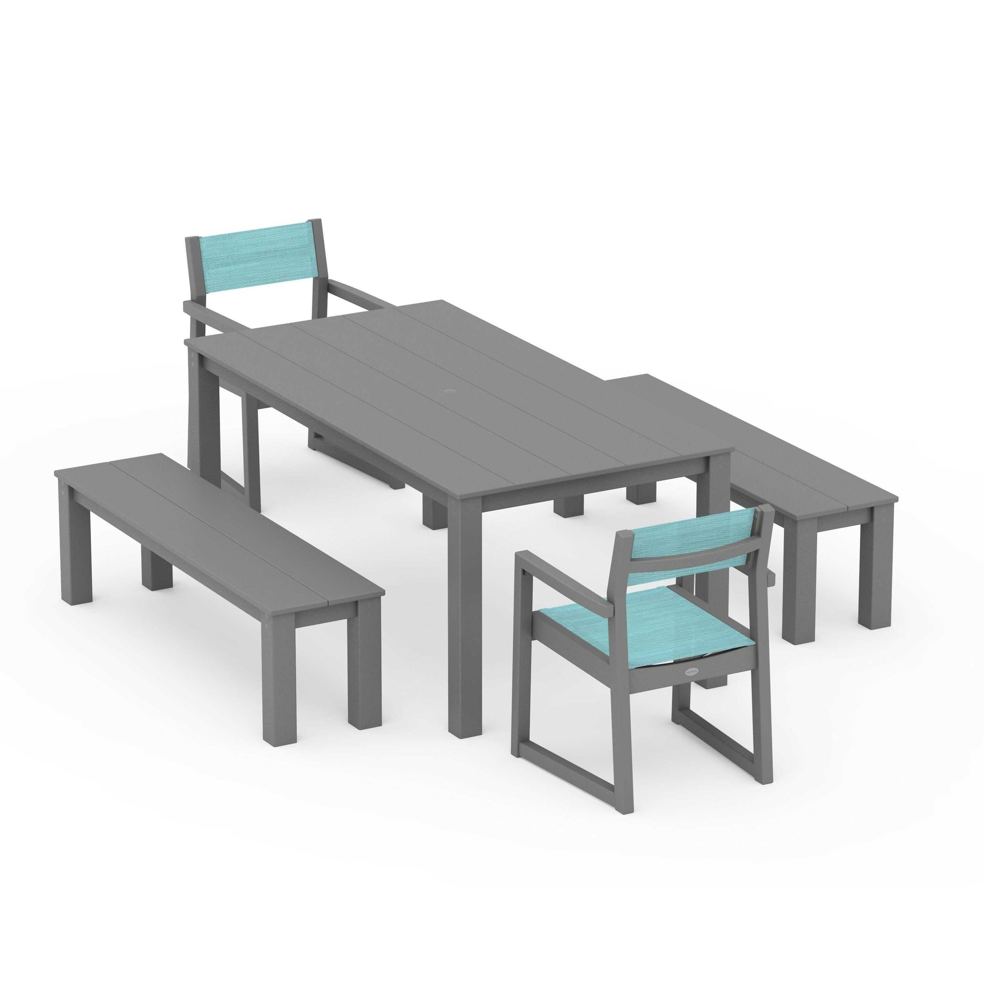 POLYWOOD EDGE Sling Arm Chair 5-Piece Parsons Dining Set with Benches — Slate Grey / Dupioni Aquamarine Sling