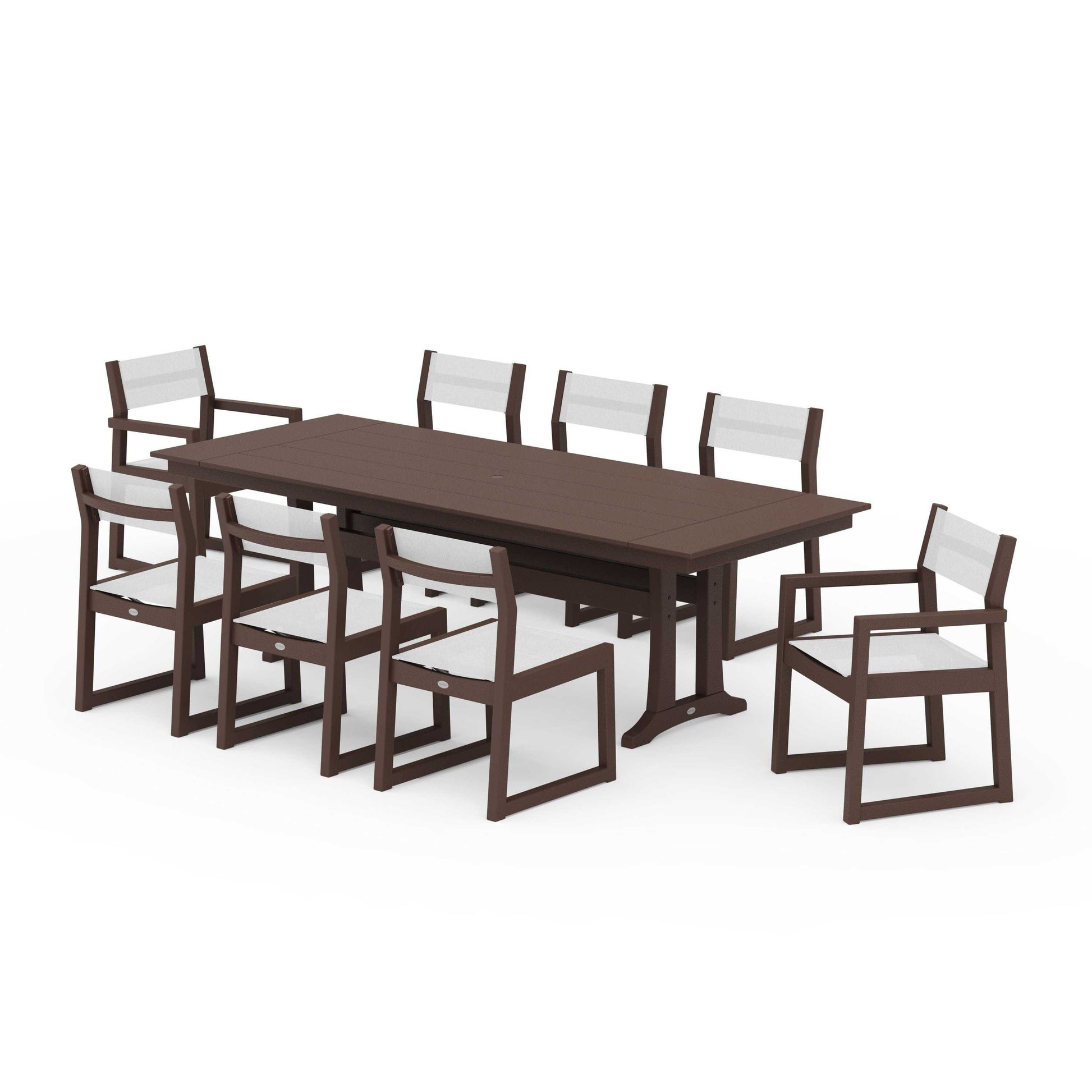POLYWOOD EDGE Sling 9-Piece Farmhouse Trestle Dining Set — Mahogany / White Sling