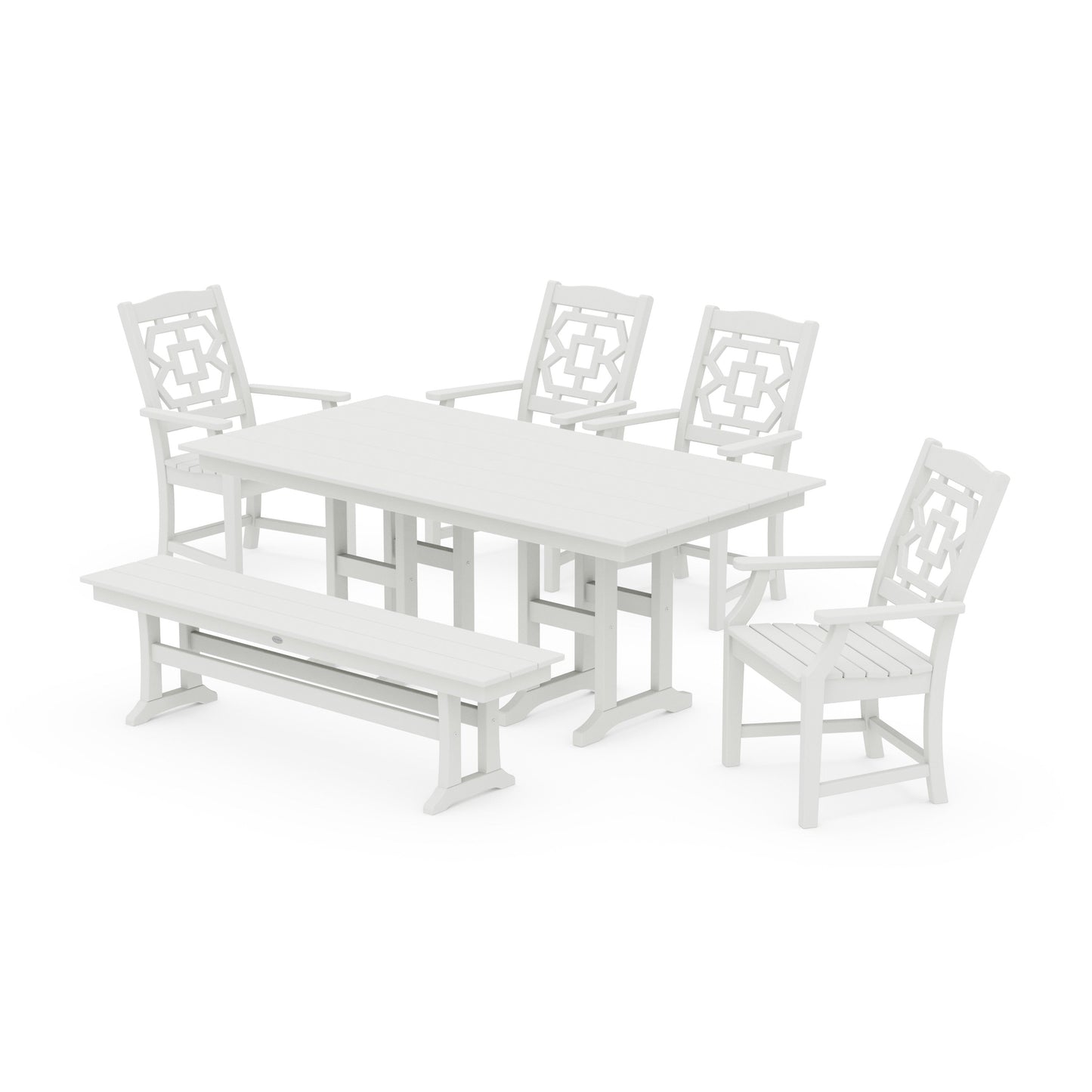 POLYWOOD Chinoiserie 6-Piece Farmhouse Dining Set with Bench — Vintage White