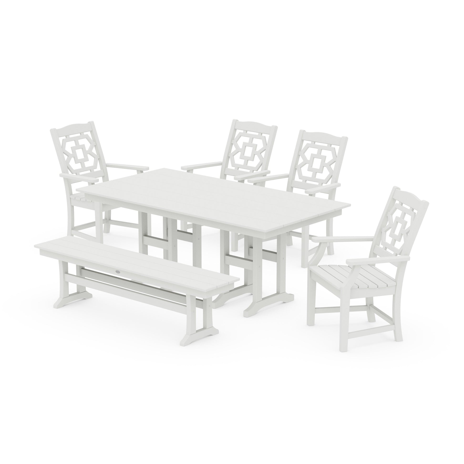 POLYWOOD Chinoiserie 6-Piece Farmhouse Dining Set with Bench — Vintage White