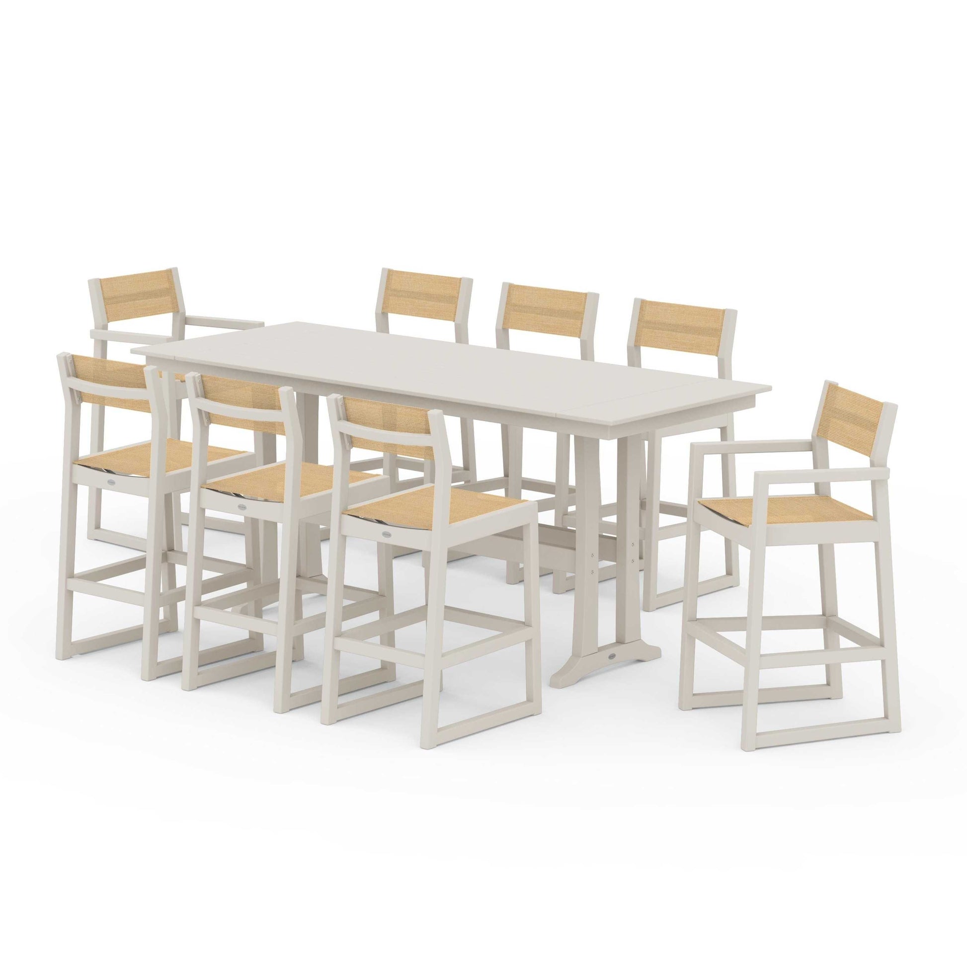 POLYWOOD EDGE Sling 9-Piece Farmhouse Bar Set with Trestle Legs — Sand / Dupioni Apricot Sling