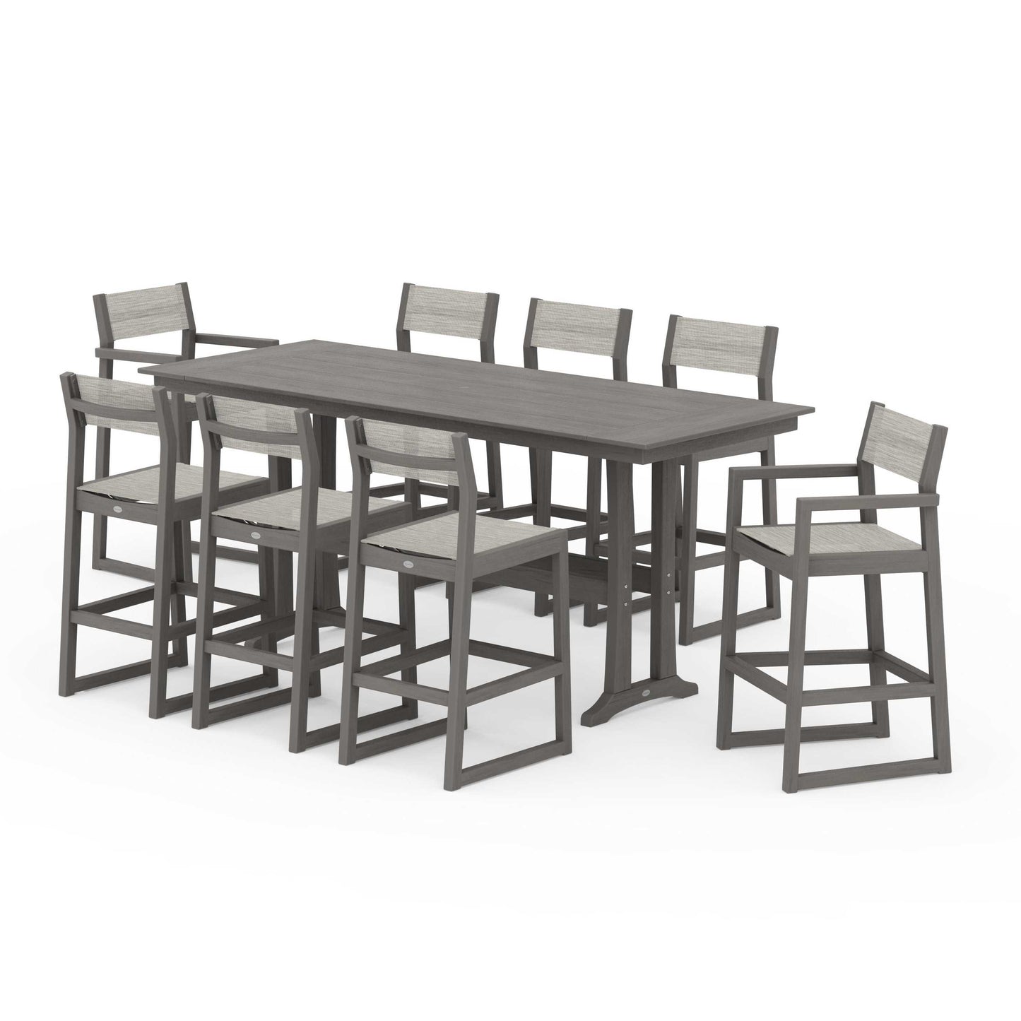 POLYWOOD EDGE Sling 9-Piece Farmhouse Bar Set with Trestle Legs — Driftwood / Birch Sling