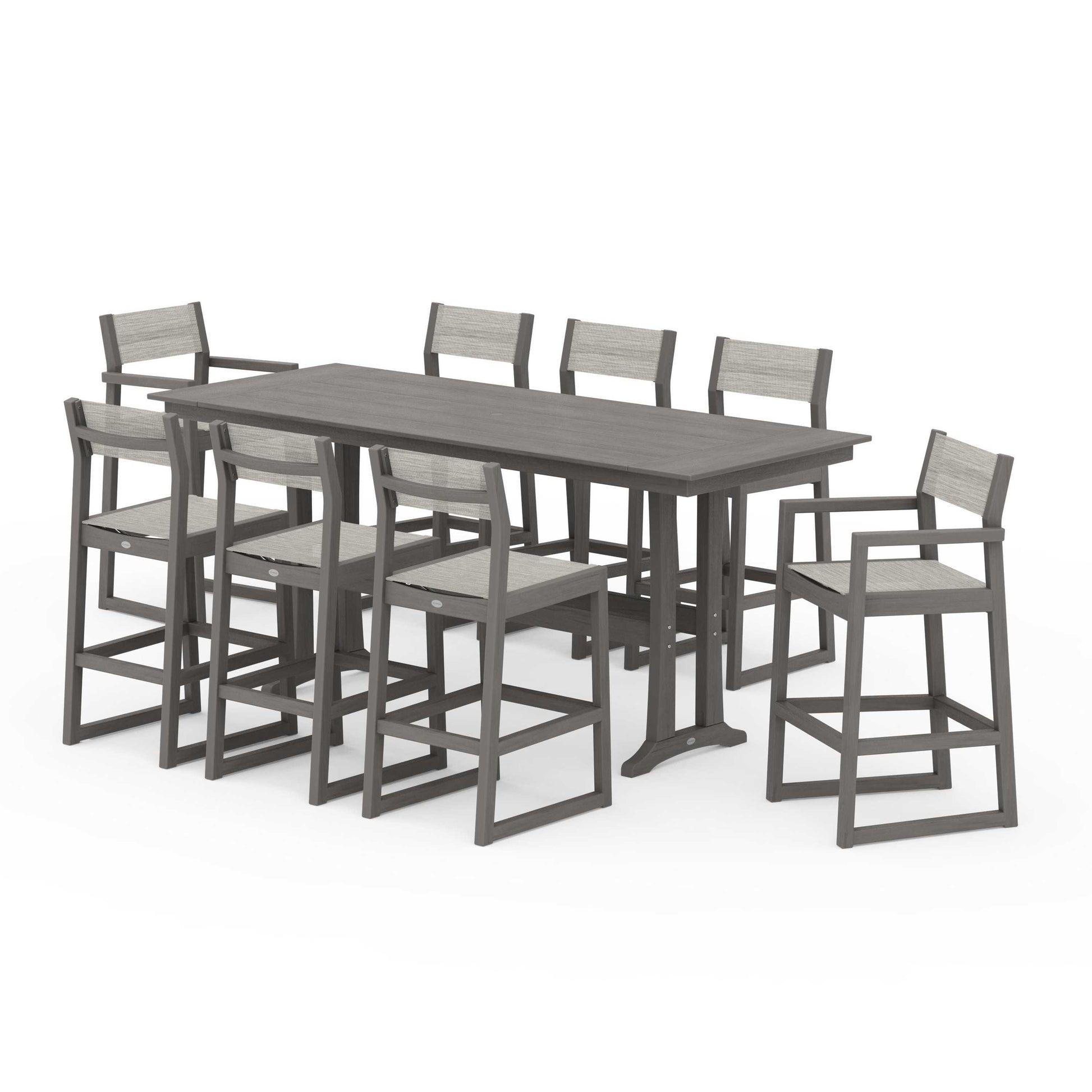 POLYWOOD EDGE Sling 9-Piece Farmhouse Bar Set with Trestle Legs — Driftwood / Birch Sling