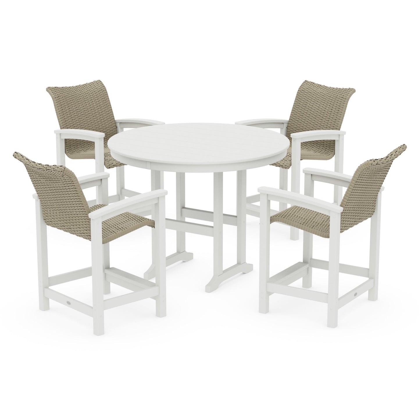 POLYWOOD Coastal Woven 5-Piece Round Farmhouse Counter Set — Vintage White / Dune Grass