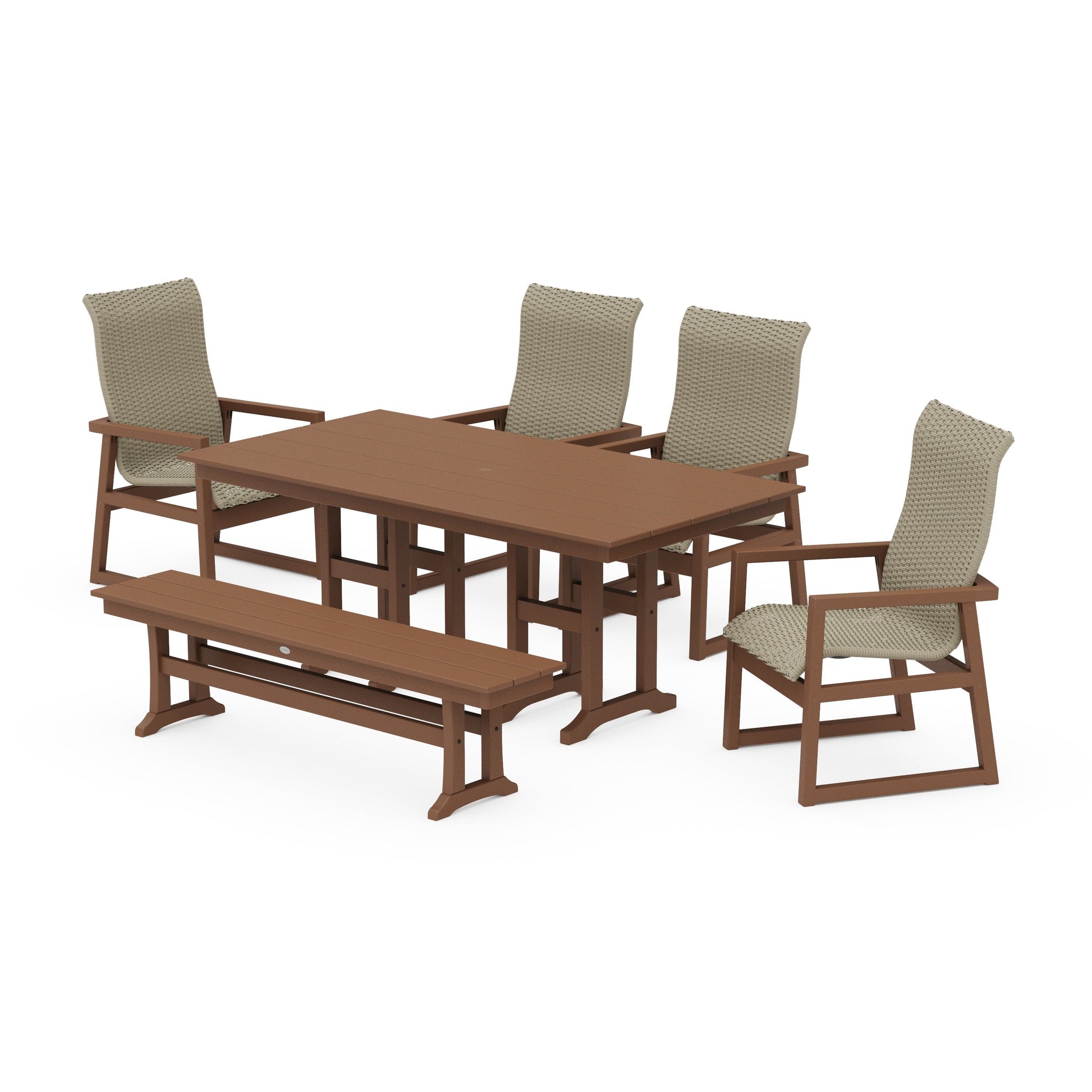 POLYWOOD EDGE Woven Highback 6-Piece Farmhouse Dining Set with Bench — Teak / Dune Grass