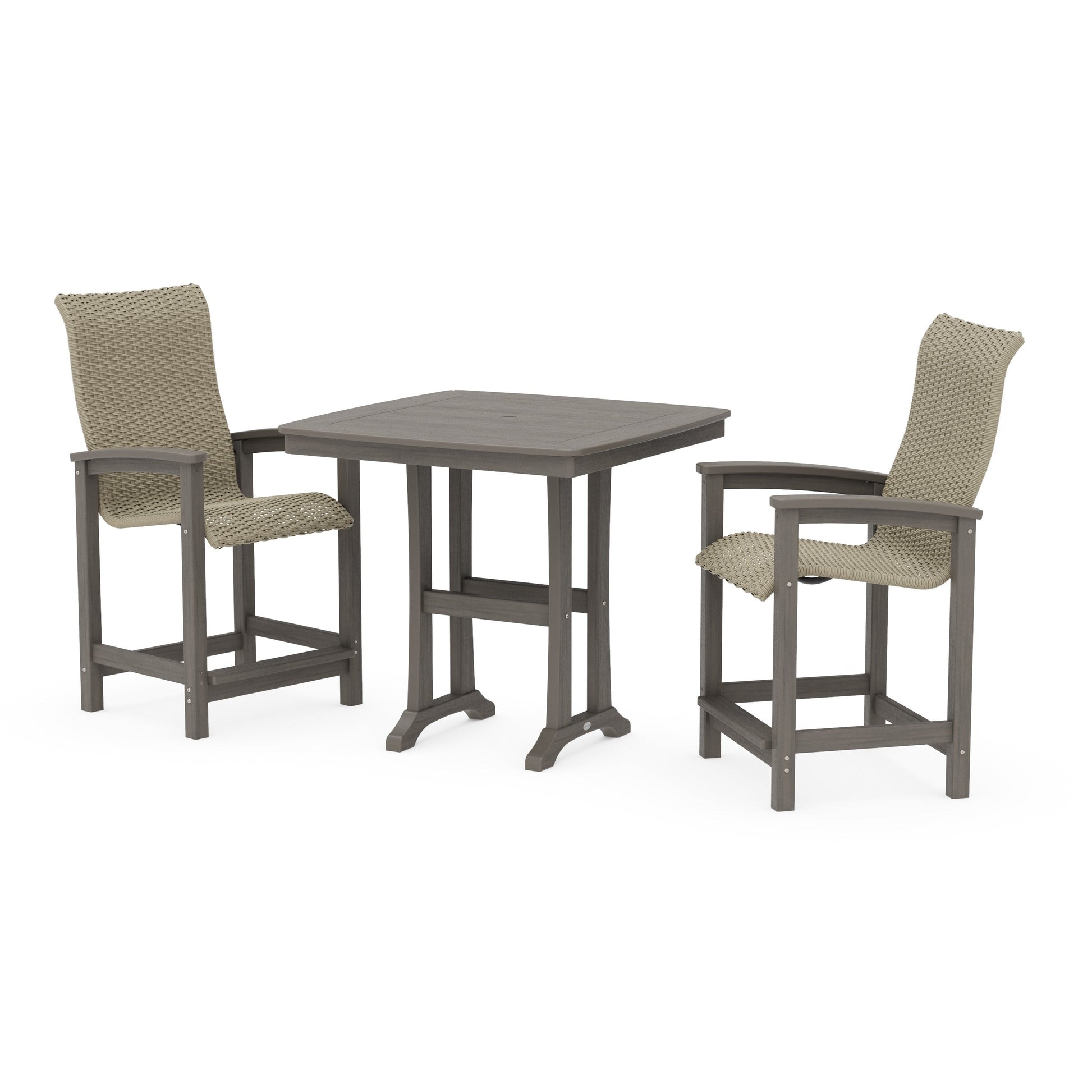 POLYWOOD Coastal Woven High-Back 3-Piece Counter Set with Trestle Legs — Driftwood / Dune Grass