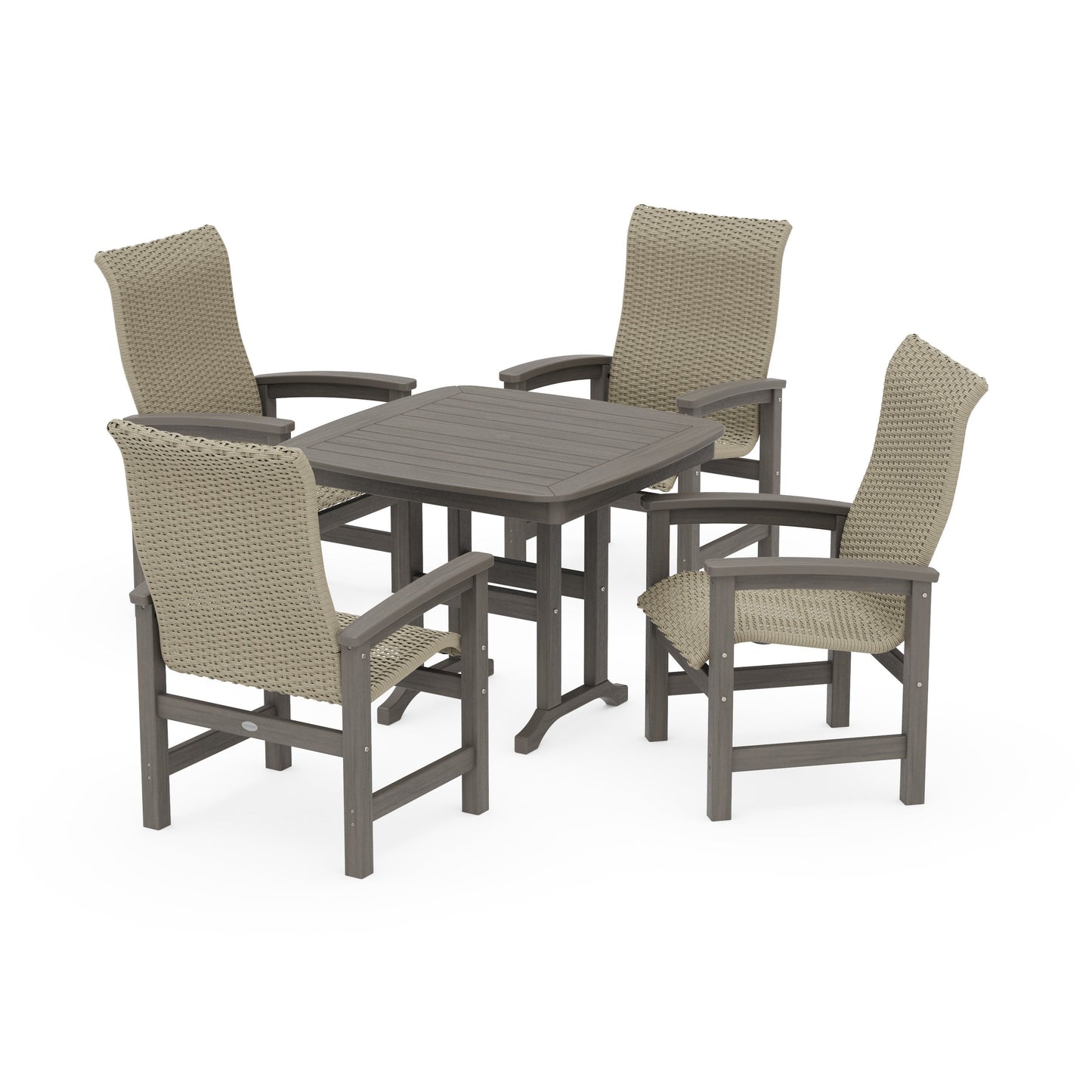 POLYWOOD Coastal Woven High-Back 5-Piece Dining Set — Driftwood / Dune Grass