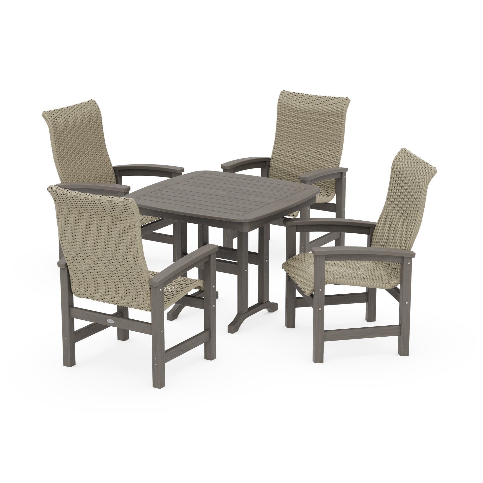 POLYWOOD Coastal Woven High-Back 5-Piece Dining Set — Driftwood / Dune Grass