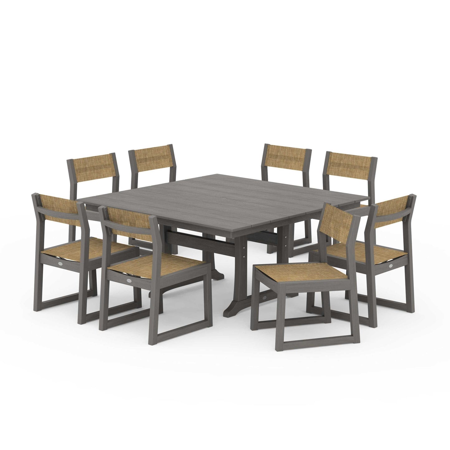 POLYWOOD EDGE Sling Side Chair 9-Piece Farmhouse Trestle Dining Set — Driftwood / Burlap Sling
