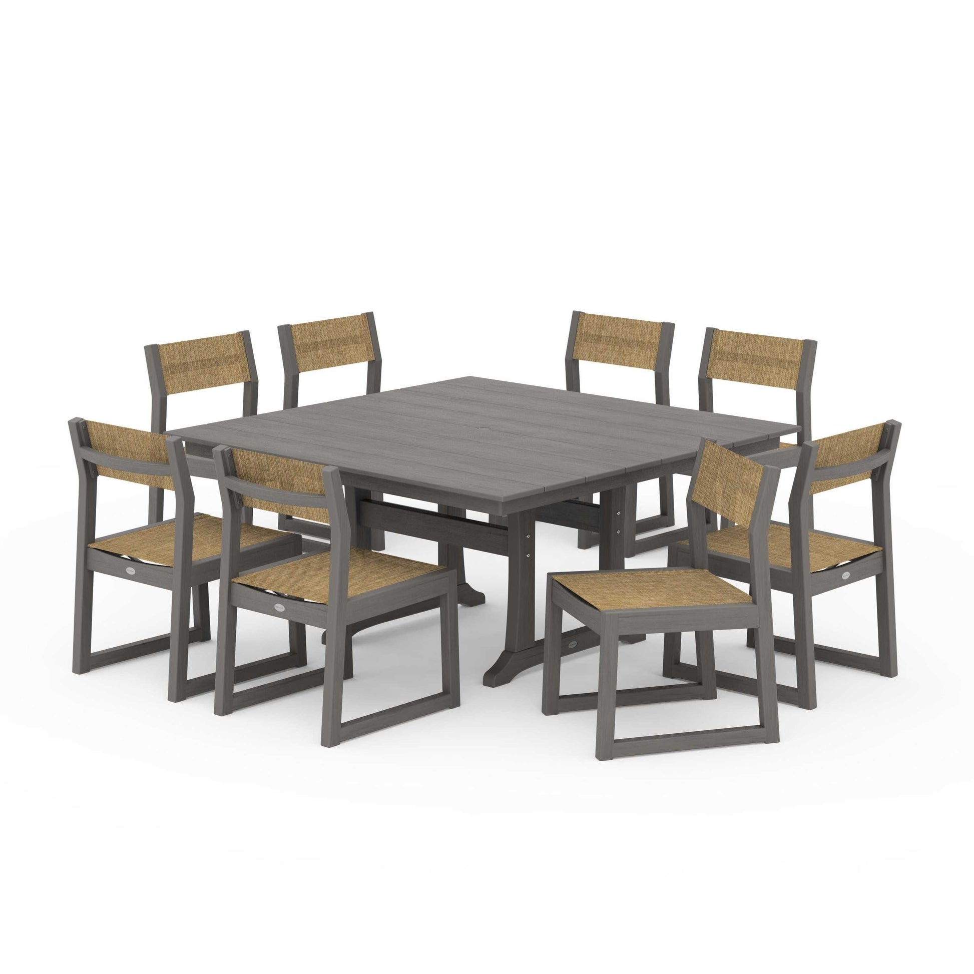 POLYWOOD EDGE Sling Side Chair 9-Piece Farmhouse Trestle Dining Set — Driftwood / Burlap Sling