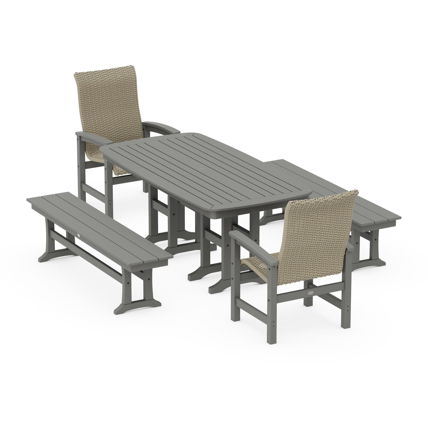 POLYWOOD Coastal Woven High-Back 5-Piece Dining Set with Benches — Slate Grey / Dune Grass
