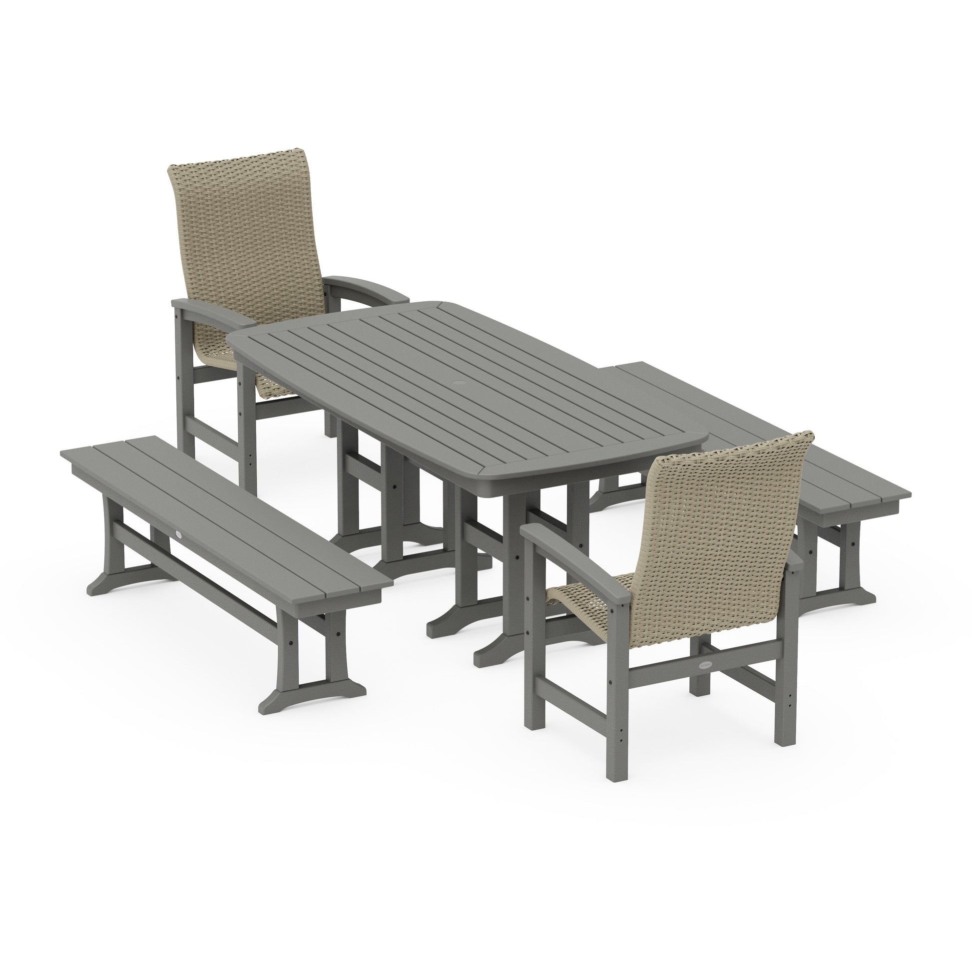 POLYWOOD Coastal Woven High-Back 5-Piece Dining Set with Benches — Slate Grey / Dune Grass