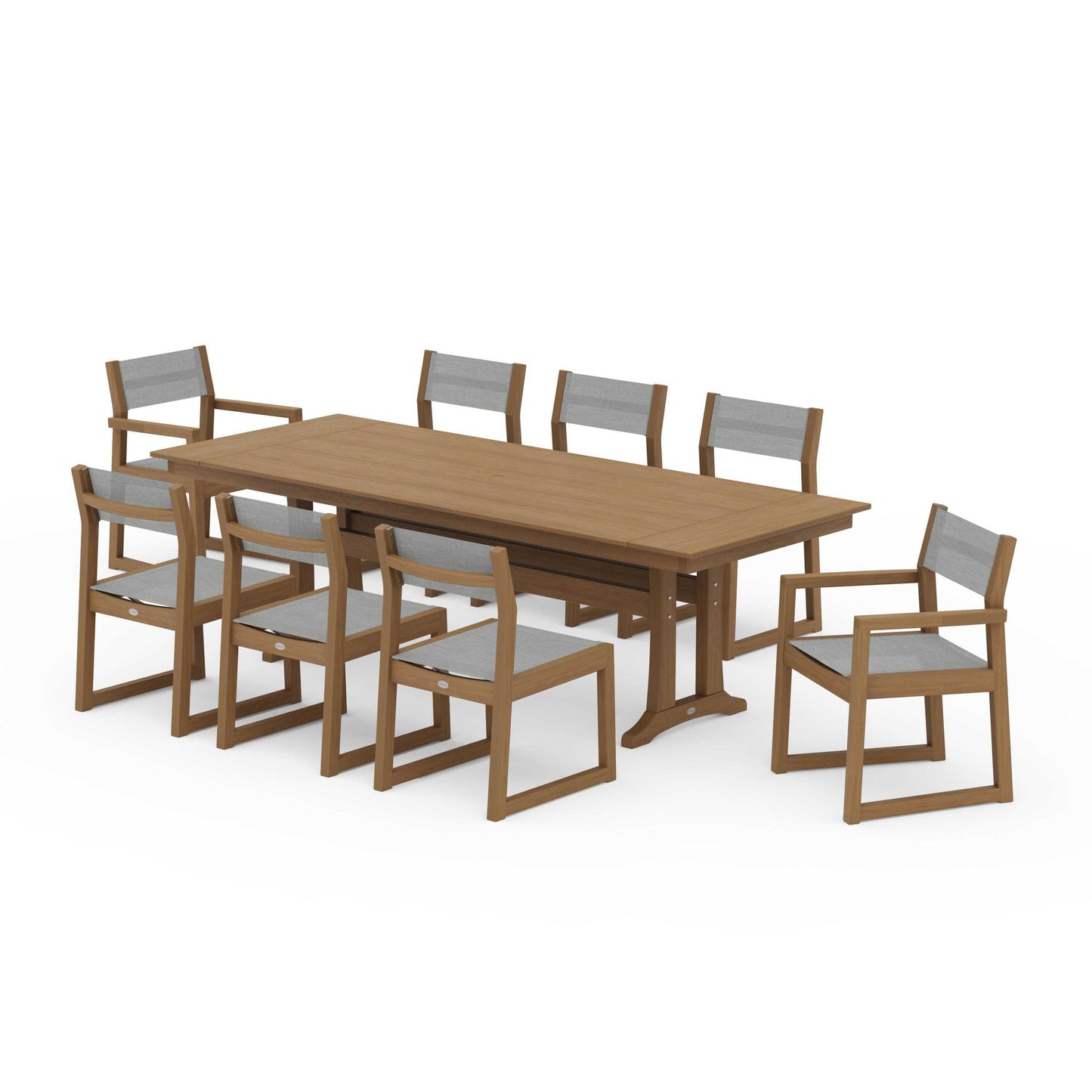 POLYWOOD EDGE Sling 9-Piece Farmhouse Trestle Dining Set — Natural / Metallic Sling