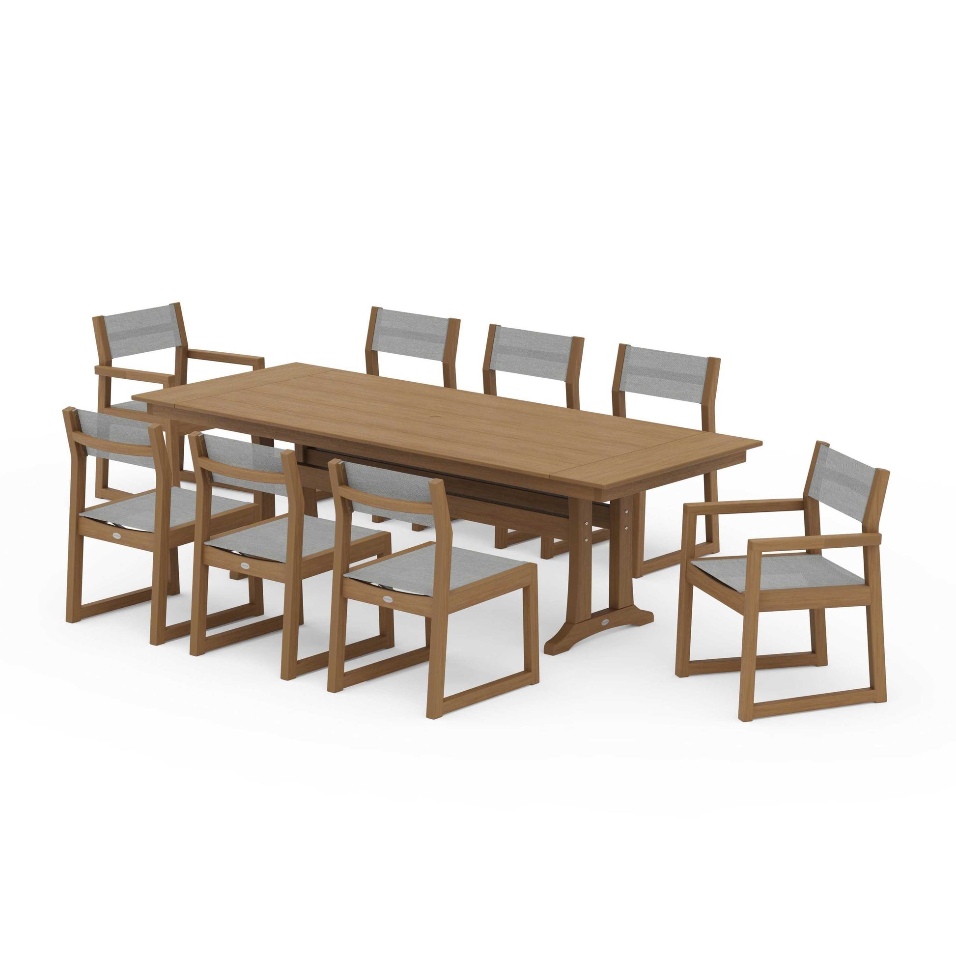 POLYWOOD EDGE Sling 9-Piece Farmhouse Trestle Dining Set — Natural / Metallic Sling