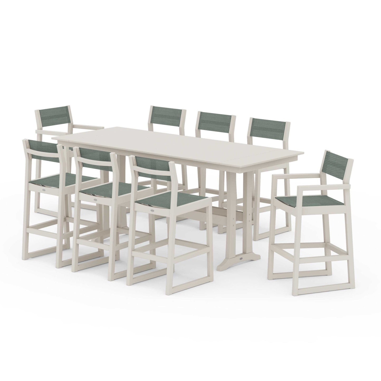 POLYWOOD EDGE Sling 9-Piece Farmhouse Bar Set with Trestle Legs — Sand / Dupioni Sea Mist Sling