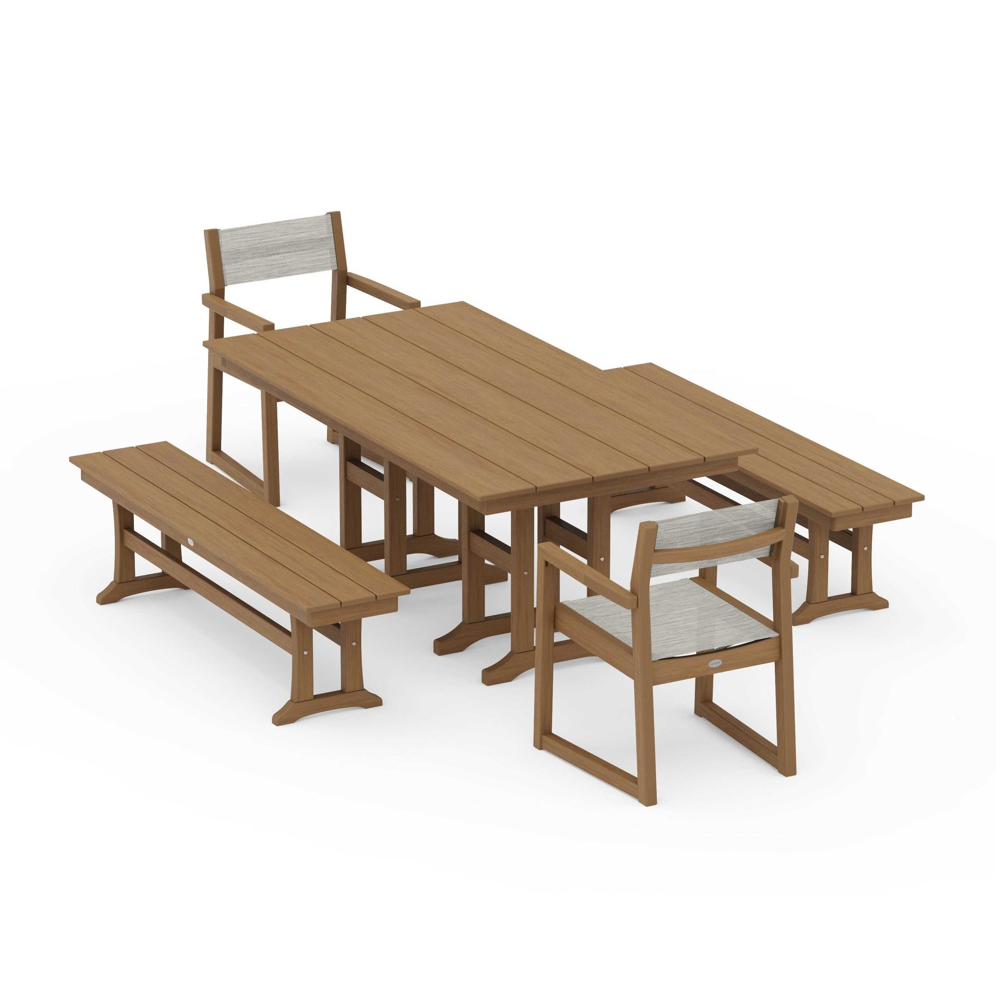 POLYWOOD EDGE Sling Arm Chair 5-Piece Farmhouse Dining Set with Benches — Natural / Birch Sling