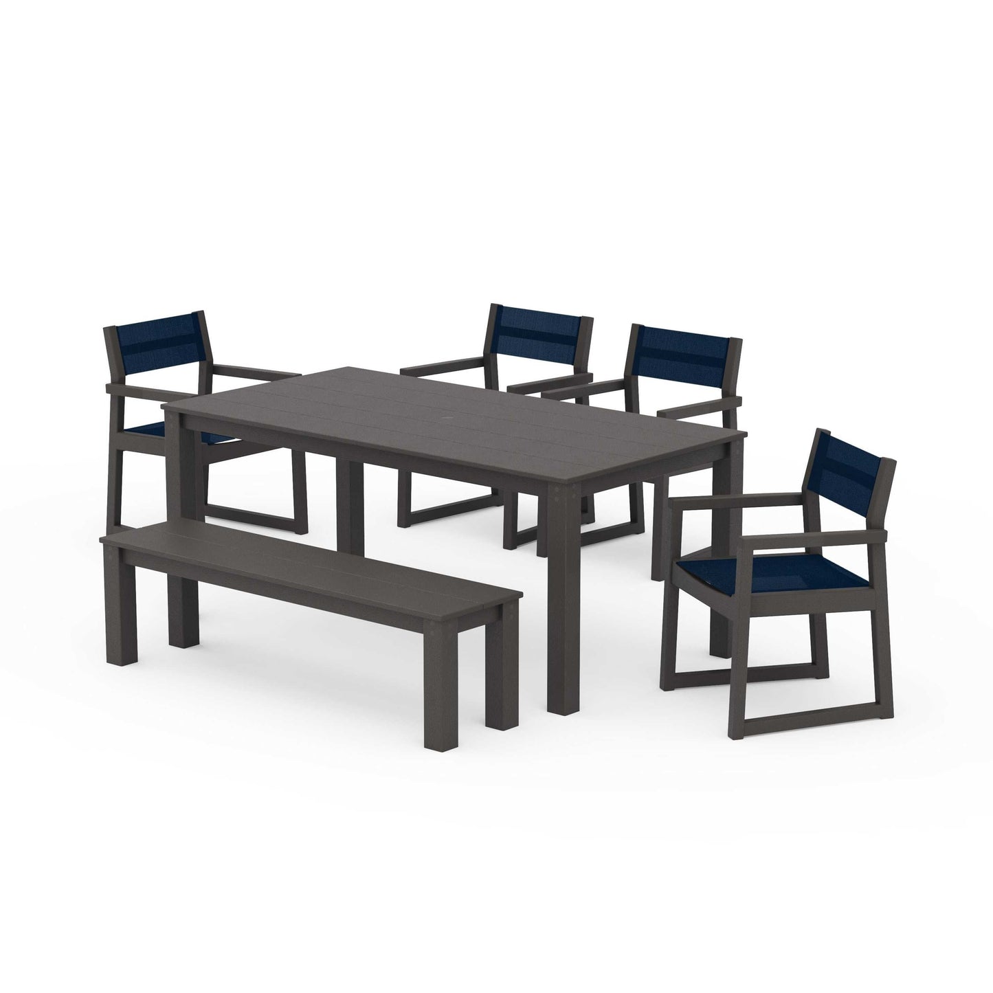 POLYWOOD EDGE Sling Arm Chair 6-Piece Parsons Dining Set with Bench — Vintage Coffee / Navy Blue Sling